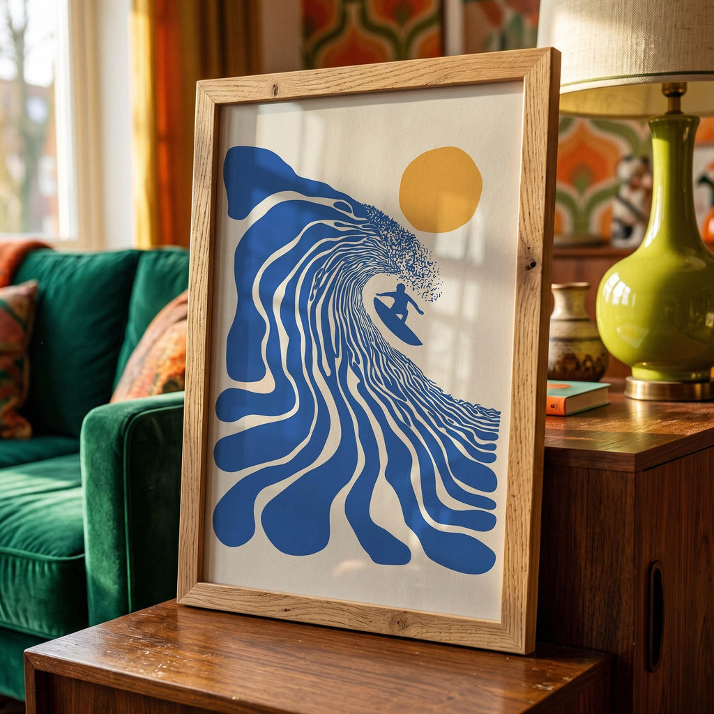 Retro Surfer Art Print, Abstract Wave Wall Art, Coastal Beach Decor, Minimalist Surf Poster, Blue Ocean Wave Print FRAMED or UNFRAMED