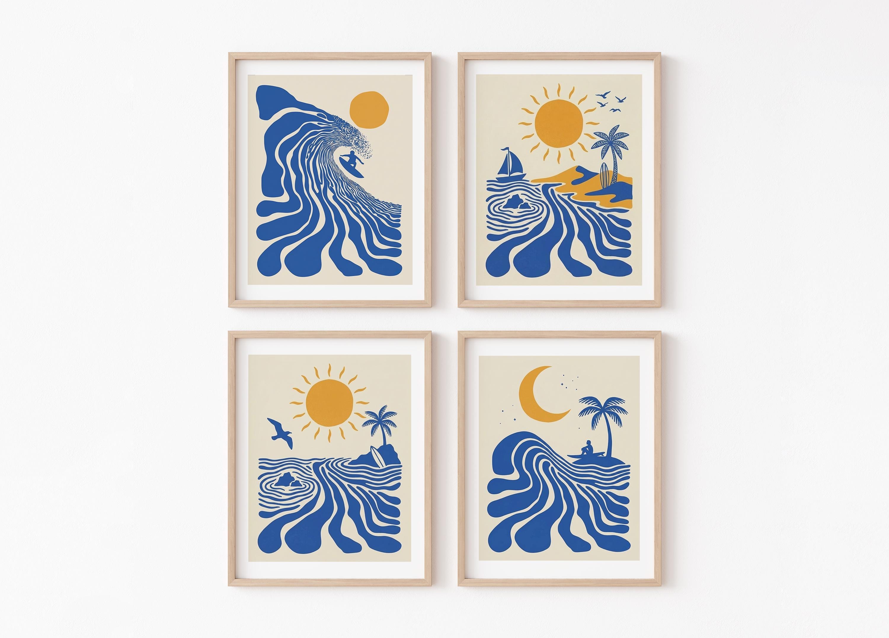 Retro Surfer Art Print, Abstract Wave Wall Art, Coastal Beach Decor, Minimalist Surf Poster, Blue Ocean Wave Print FRAMED or UNFRAMED