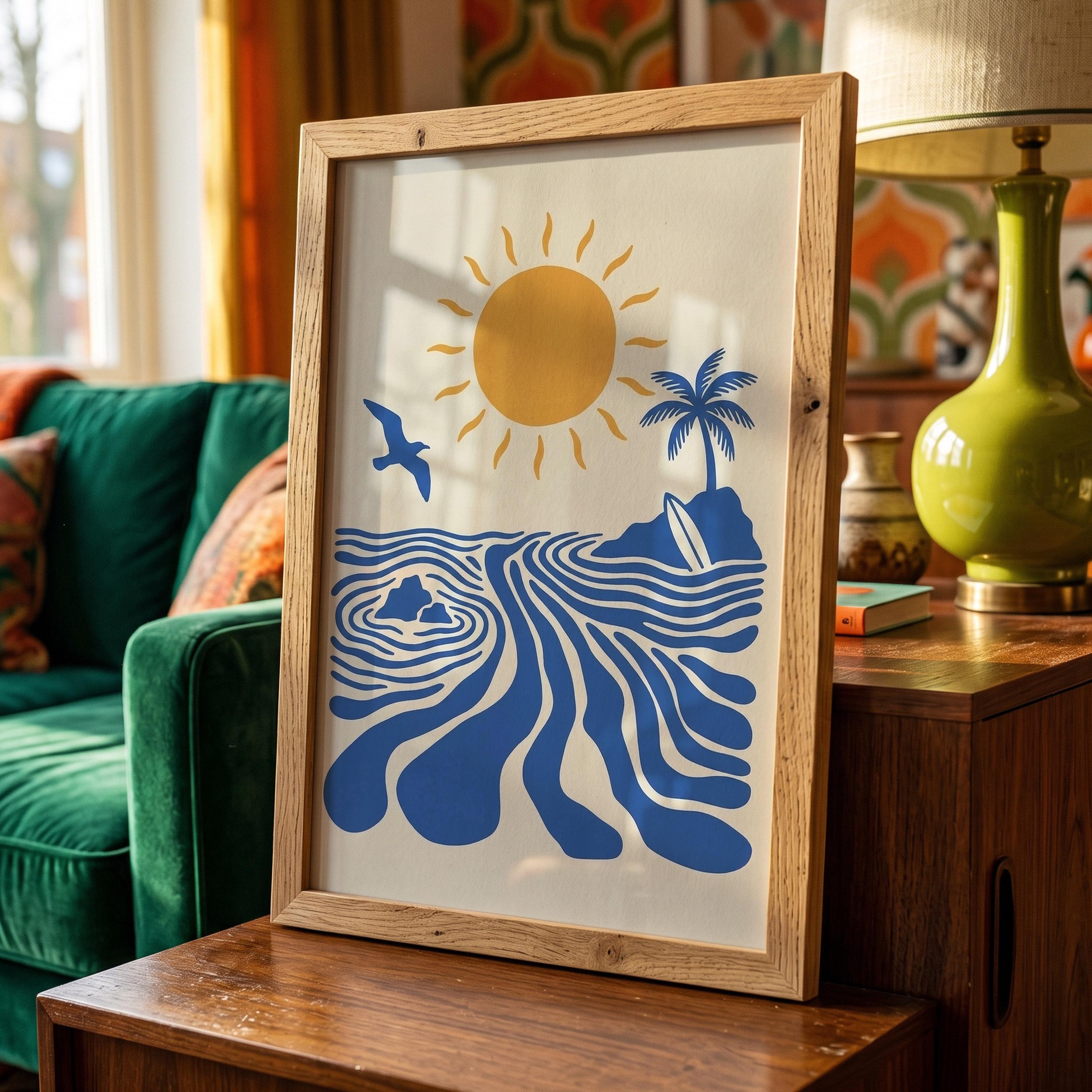 Retro Surfer Art Print, Abstract Wave Wall Art, Coastal Beach Decor, Minimalist Surf Poster, Blue Ocean Wave Print FRAMED or UNFRAMED