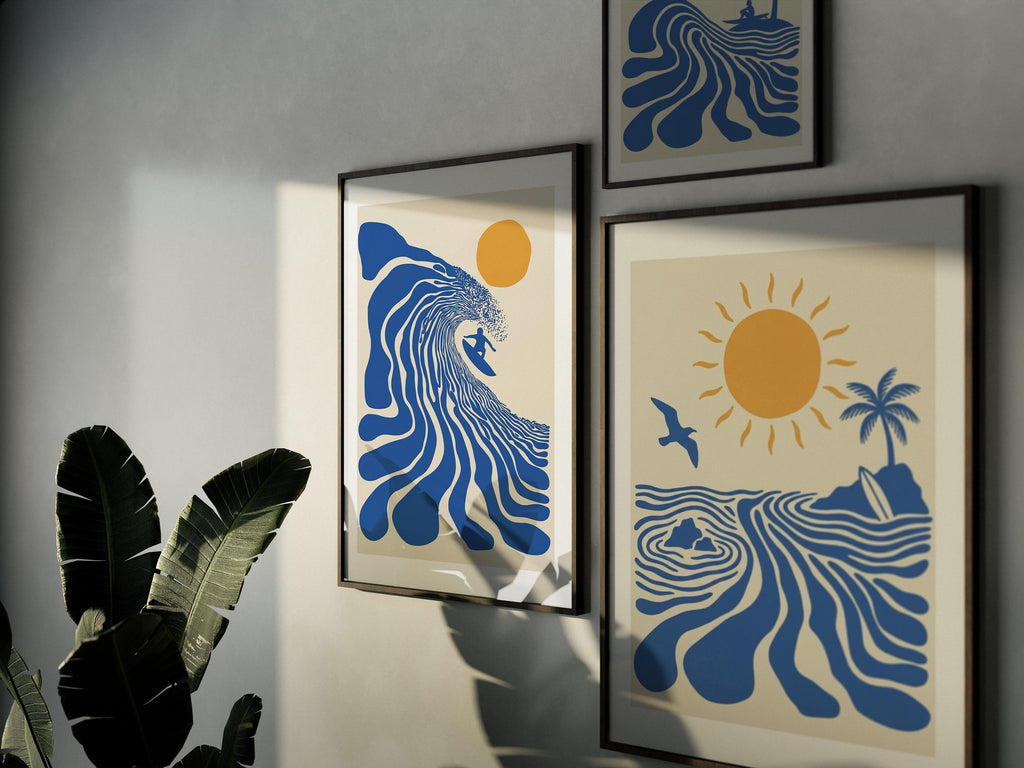 Retro Surfer Art Print, Abstract Wave Wall Art, Coastal Beach Decor, Minimalist Surf Poster, Blue Ocean Wave Print FRAMED or UNFRAMED