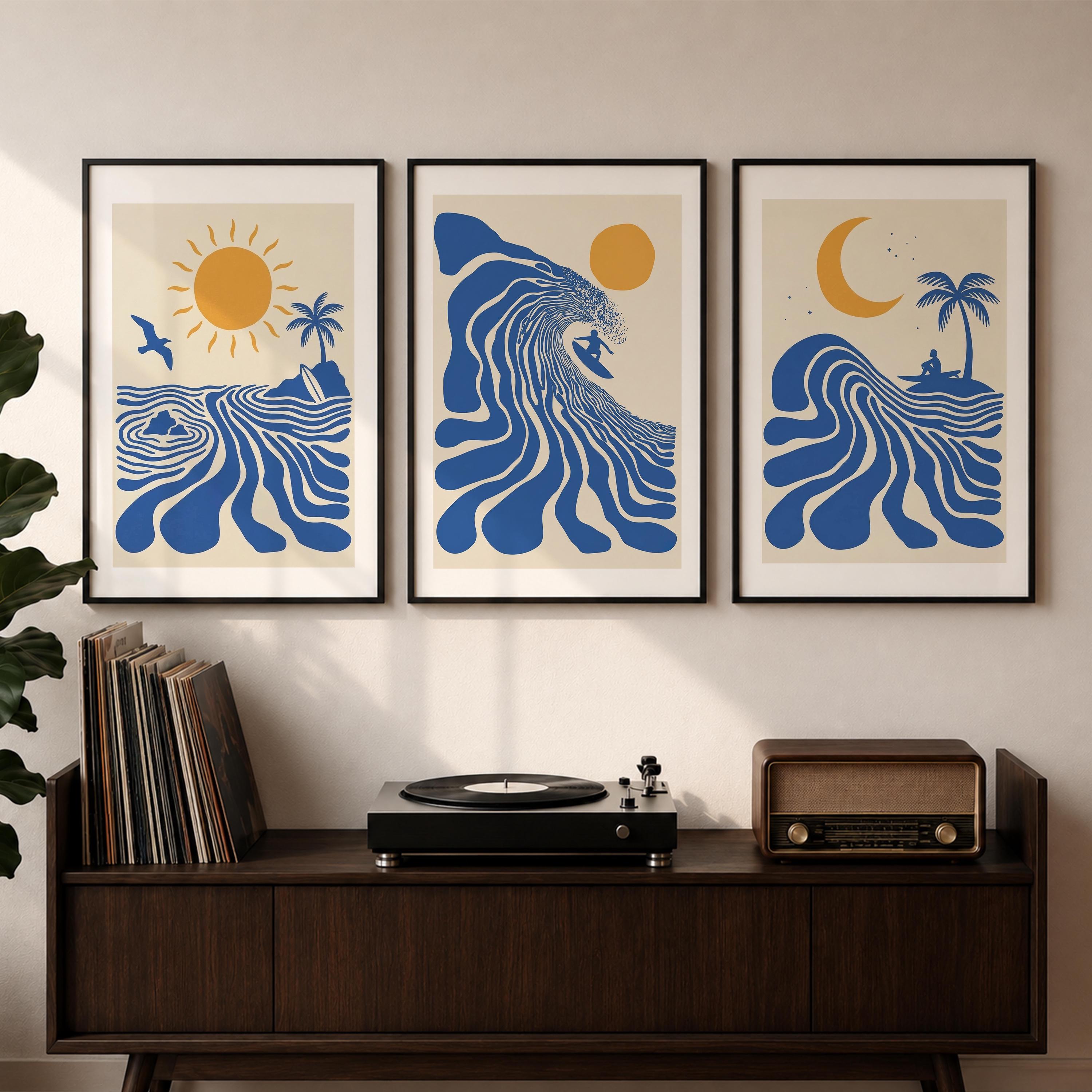Set of 3 Surf Posters, Retro Surfer Art, Abstract Wave Wall Art, Coastal Beach Decor, Blue Ocean Prints, Framed or Unframed