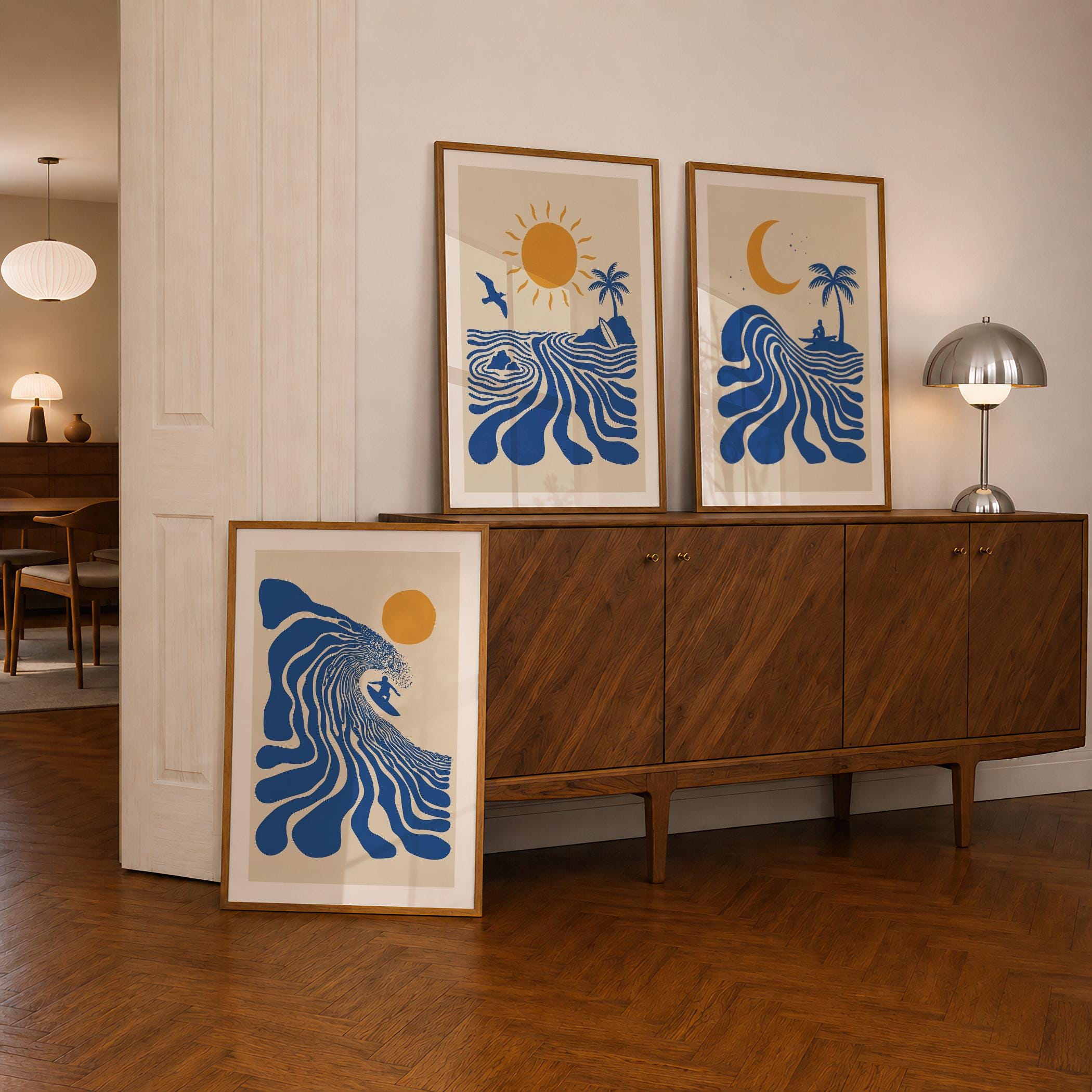 Set of 3 Surf Posters, Retro Surfer Art, Abstract Wave Wall Art, Coastal Beach Decor, Blue Ocean Prints, Framed or Unframed