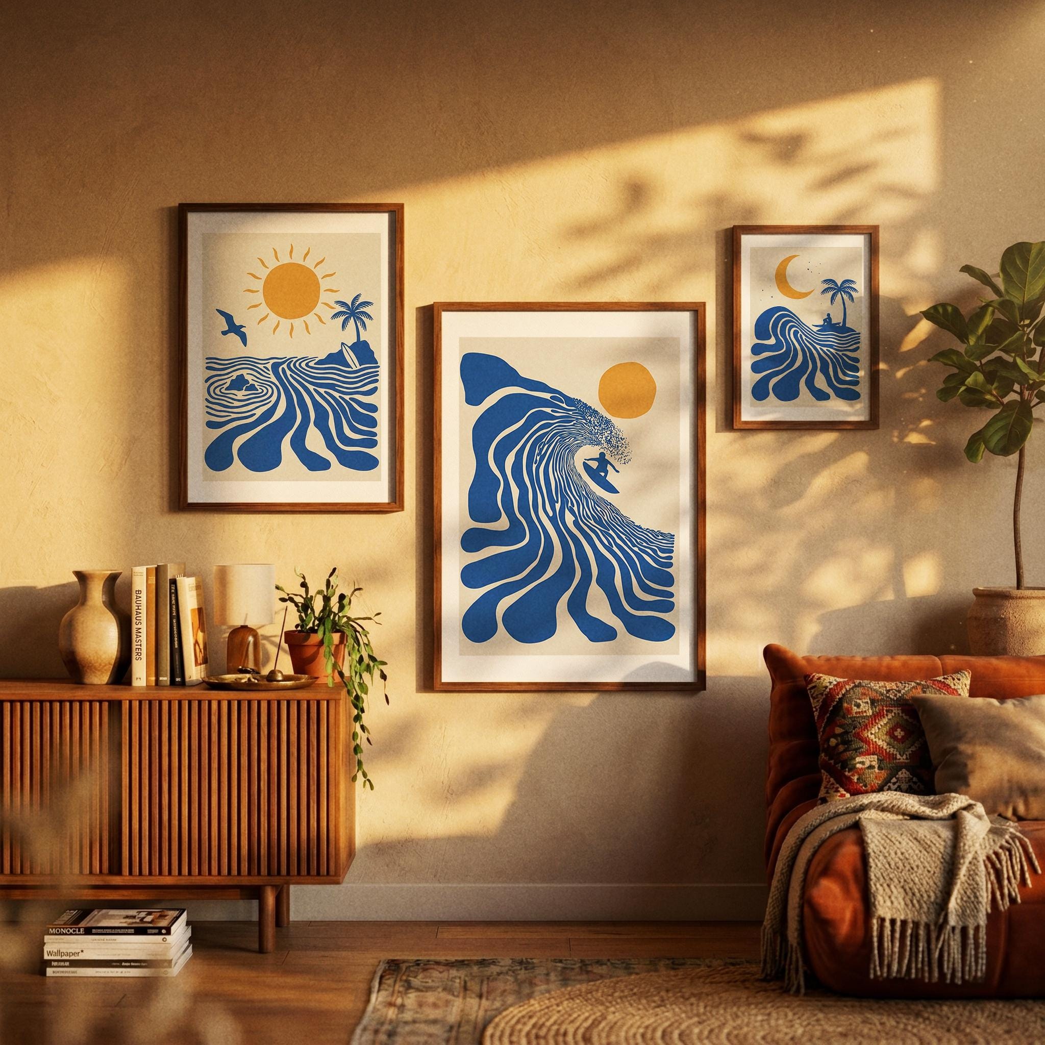 Set of 3 Surf Posters, Retro Surfer Art, Abstract Wave Wall Art, Coastal Beach Decor, Blue Ocean Prints, Framed or Unframed