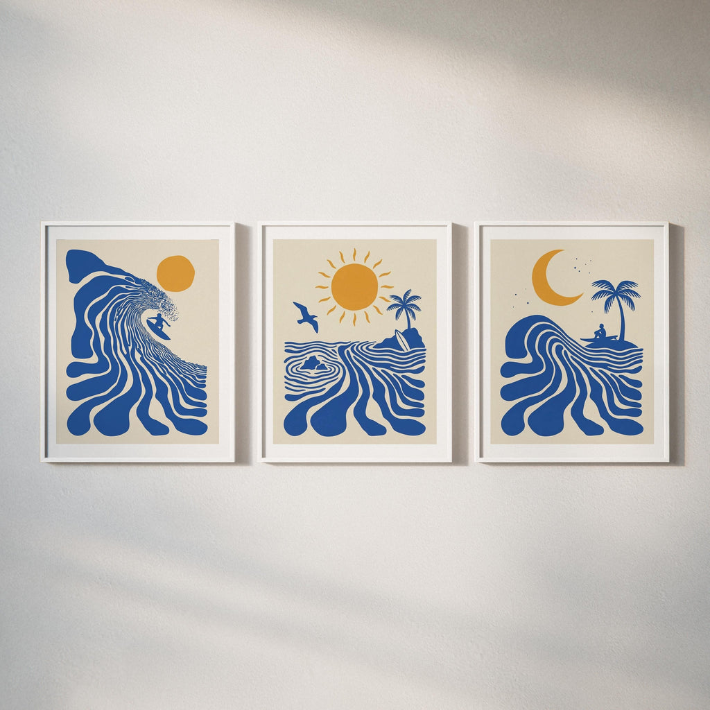 Retro Surfer Art Print, Abstract Wave Wall Art, Coastal Beach Decor, Minimalist Surf Poster, Blue Ocean Wave Print FRAMED or UNFRAMED