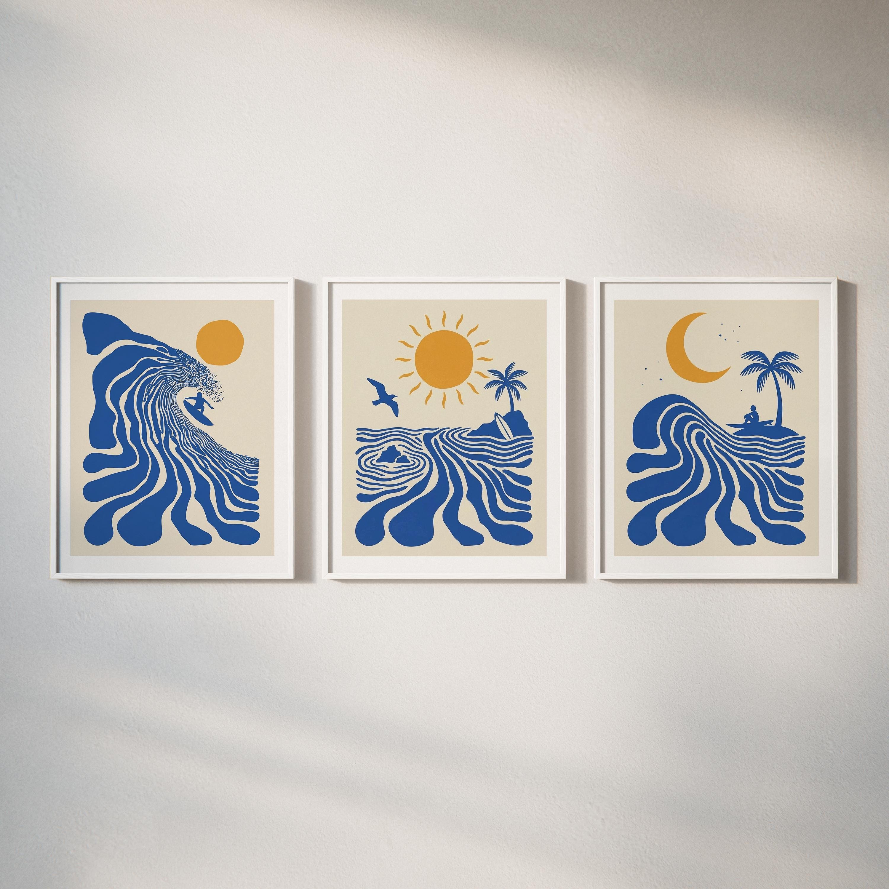 Retro Surfer Art Print, Abstract Wave Wall Art, Coastal Beach Decor, Minimalist Surf Poster, Blue Ocean Wave Print FRAMED or UNFRAMED