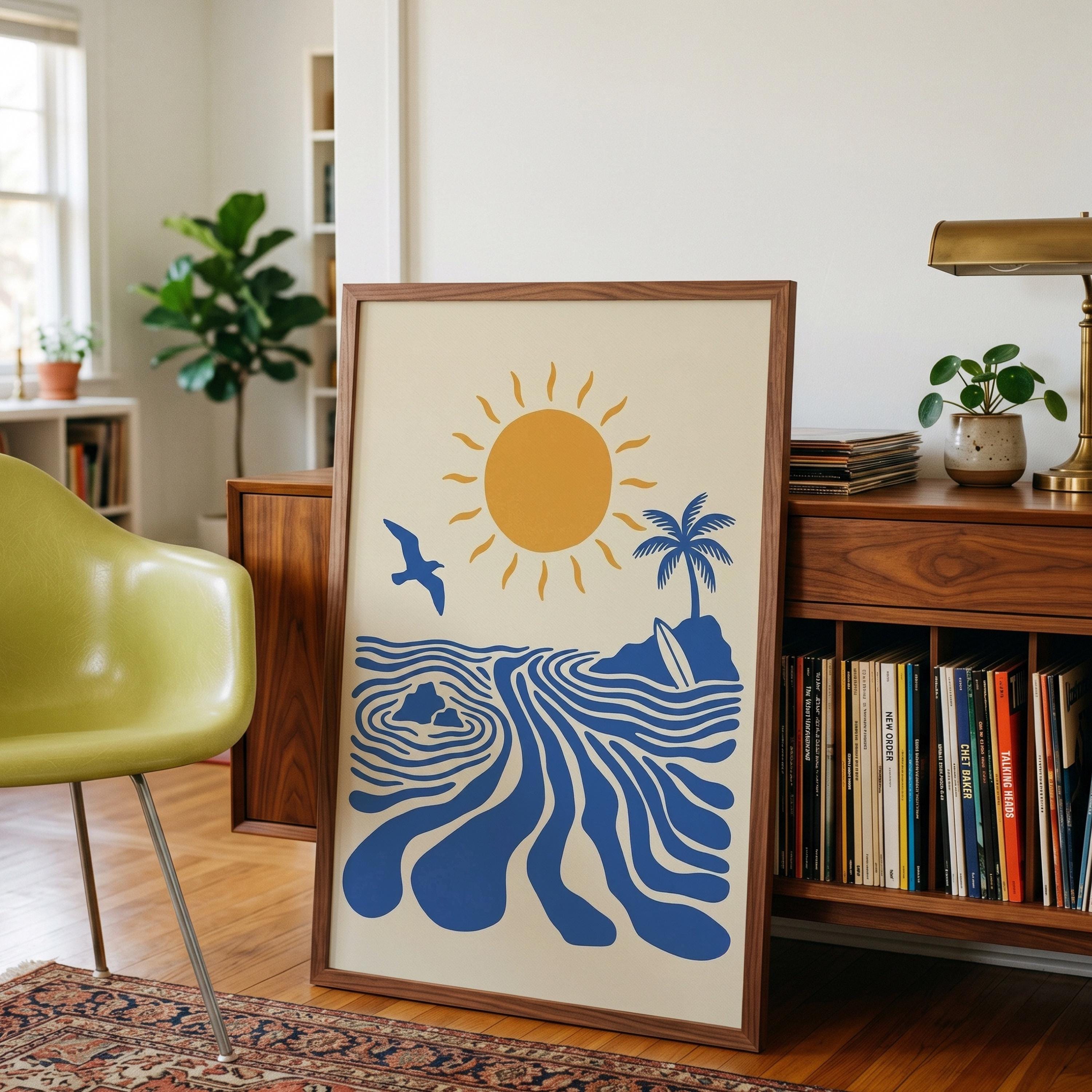 Retro Surfer Art Print, Abstract Blue Wave Wall Art, Coastal Beach Decor Poster, Digital Download