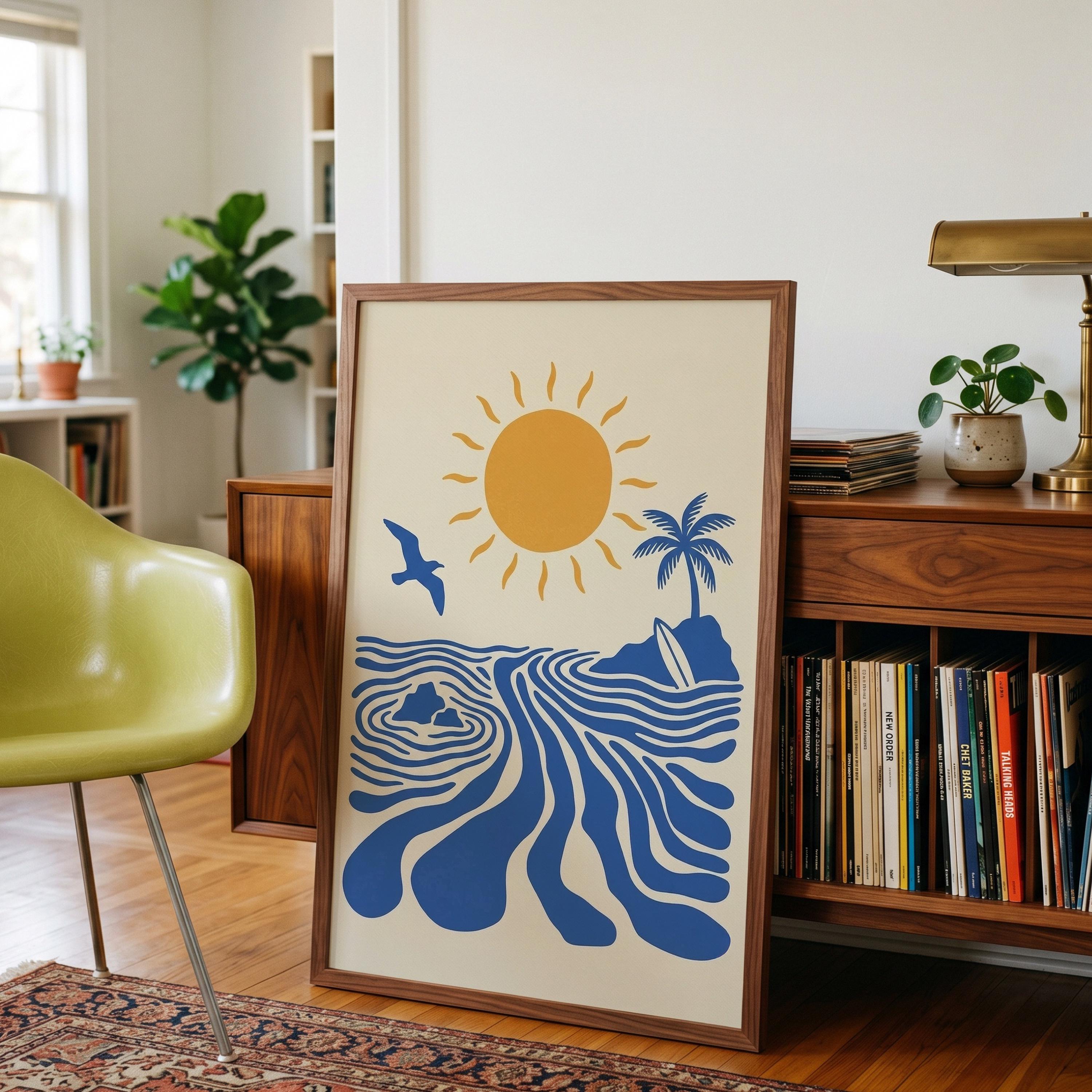 Retro Surfer Art Print, Abstract Blue Wave Wall Art, Coastal Beach Decor Poster, Digital Download