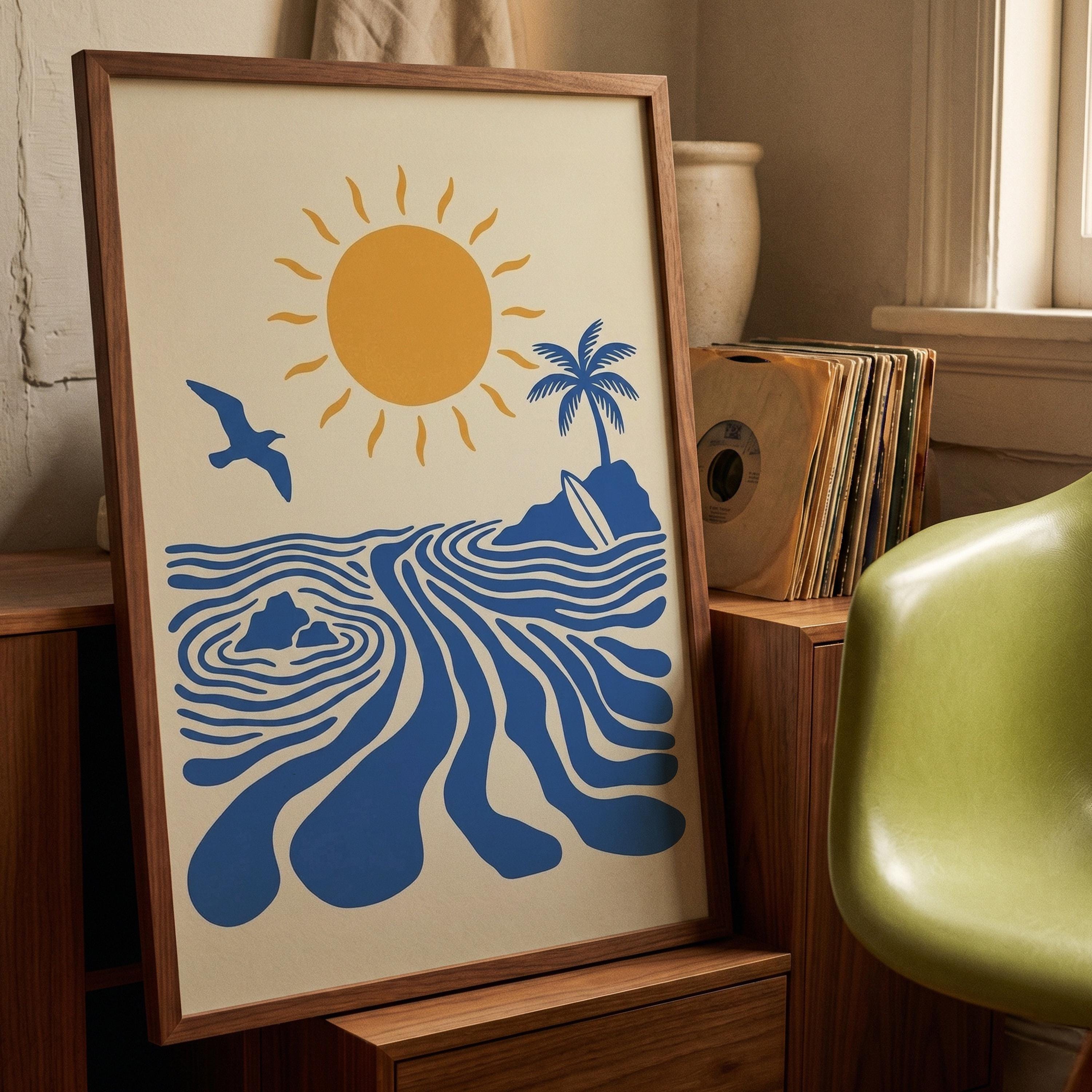 Retro Surfer Art Print, Abstract Blue Wave Wall Art, Coastal Beach Decor Poster, Digital Download