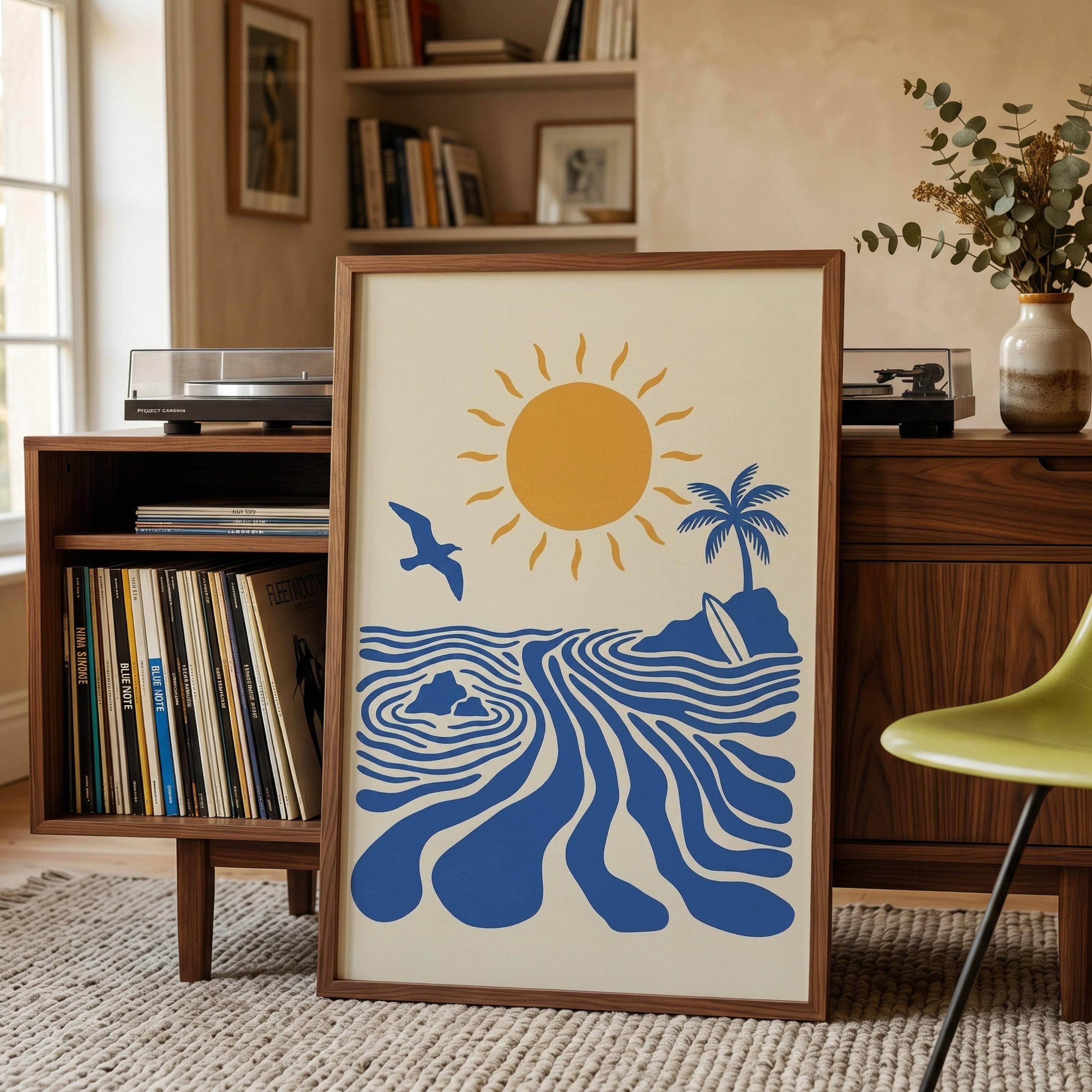 Retro Surfer Art Print, Abstract Wave Wall Art, Coastal Beach Decor, Minimalist Surf Poster, Blue Ocean Wave Print FRAMED or UNFRAMED