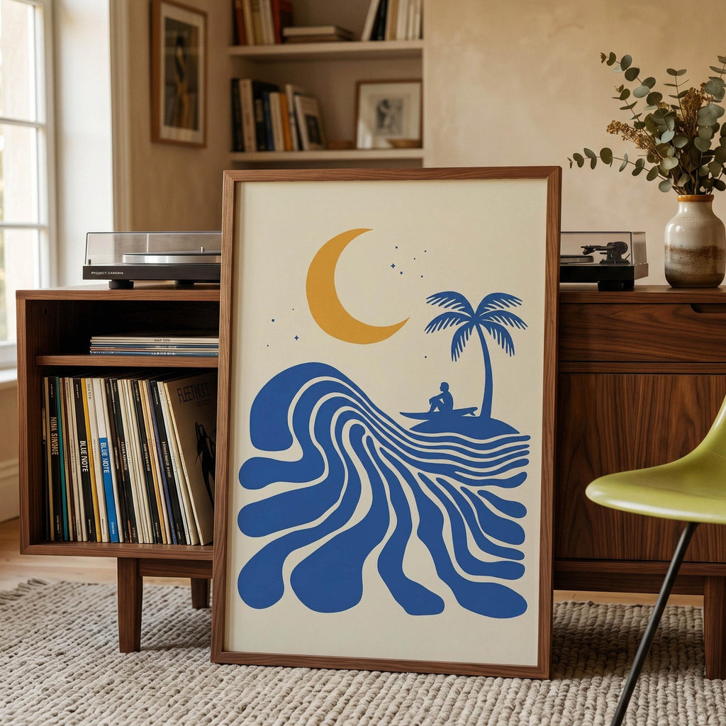 Retro Surfer Art Print, Abstract Wave Wall Art, Coastal Beach Decor, Minimalist Surf Poster, Blue Ocean Wave Print FRAMED or UNFRAMED