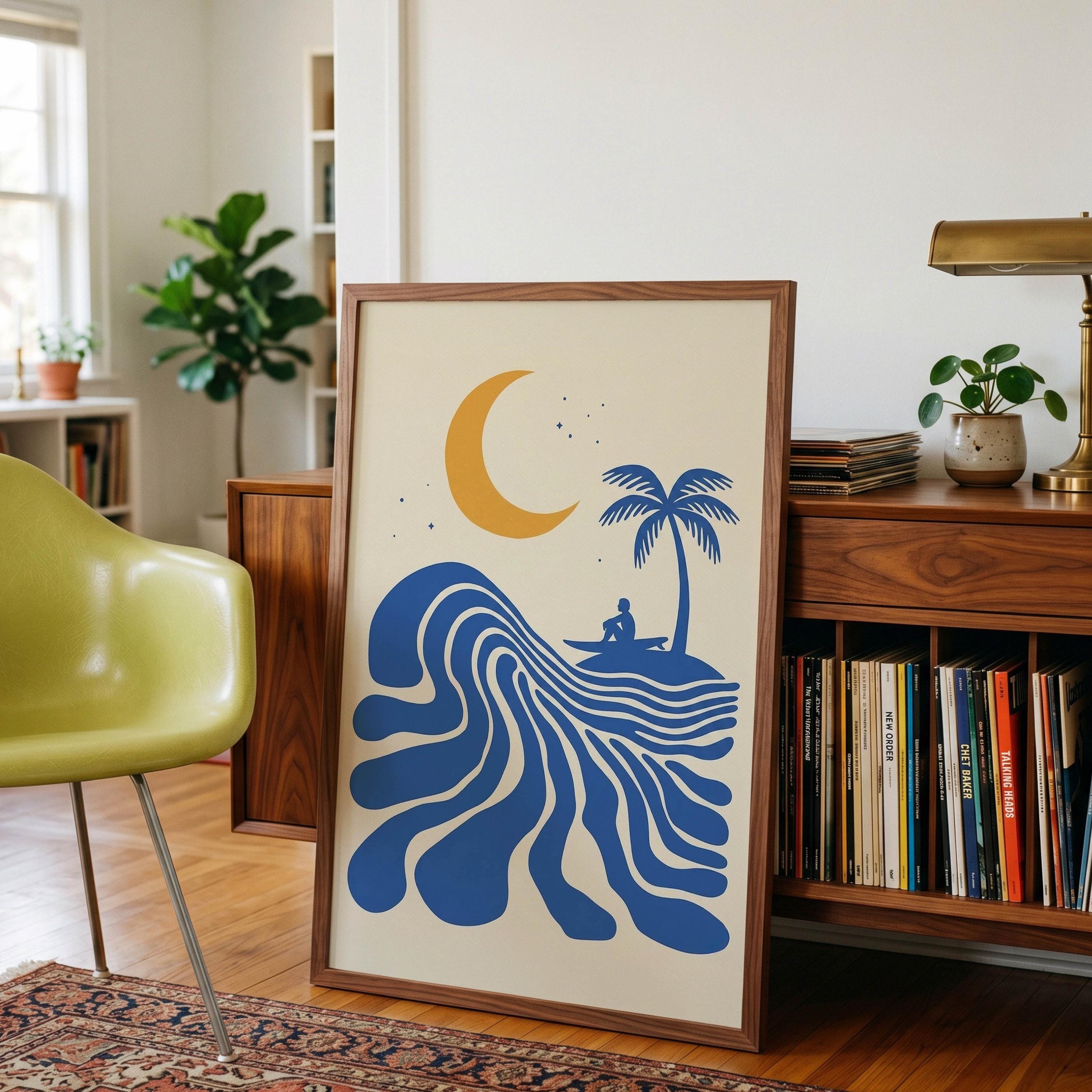 Retro Surfer Art Print, Abstract Wave Wall Art, Coastal Beach Decor, Minimalist Surf Poster, Blue Ocean Wave Print FRAMED or UNFRAMED