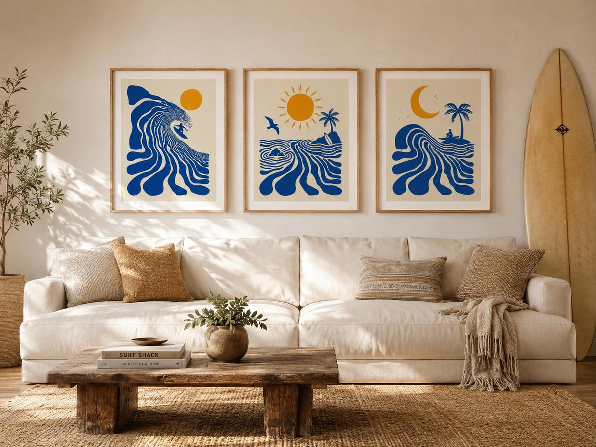 Surf Poster Set of 3 Prints, Retro Surfer Art, Surfboard Wall Art, Vintage Surf Art, California Surf Decor, Framed or Unframed