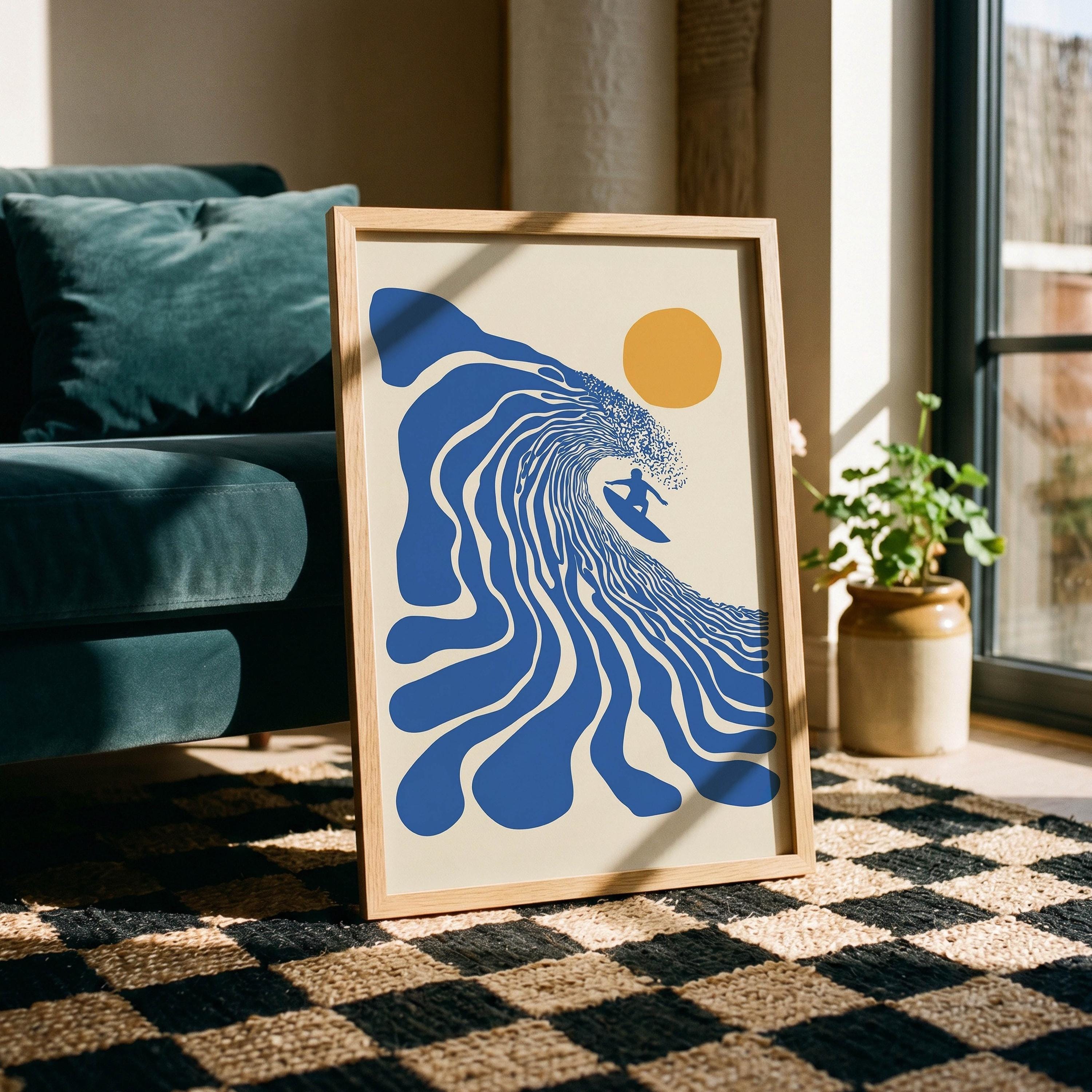 Retro Surfer Art Print, Abstract Wave Wall Art, Coastal Beach Decor, Minimalist Surf Poster, Blue Ocean Wave Print DIGITAL DOWNLOAD