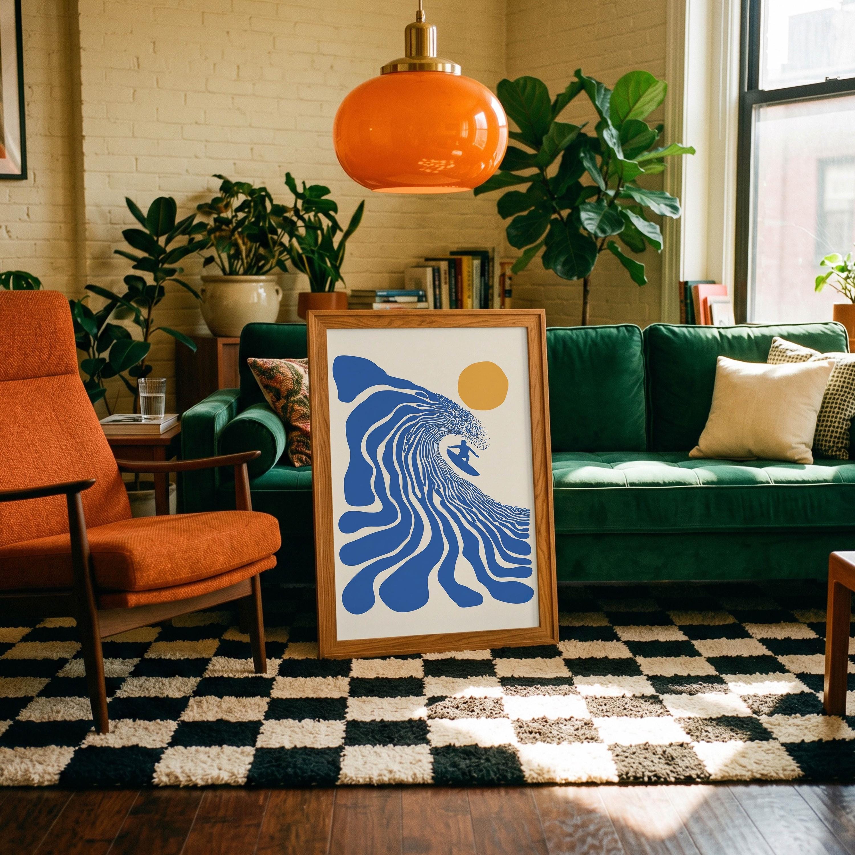 Retro Surfer Art Print, Abstract Wave Wall Art, Coastal Beach Decor, Minimalist Surf Poster, Blue Ocean Wave Print FRAMED or UNFRAMED