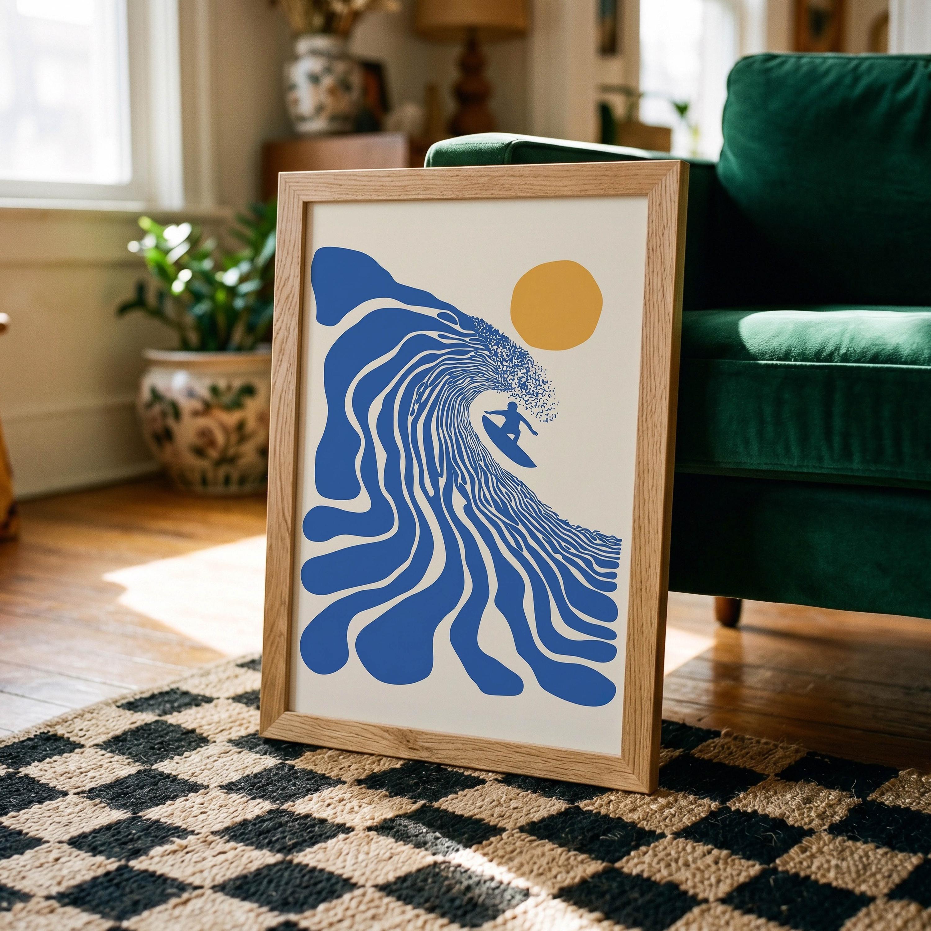 Retro Surfer Art Print, Abstract Wave Wall Art, Coastal Beach Decor, Minimalist Surf Poster, Blue Ocean Wave Print FRAMED or UNFRAMED