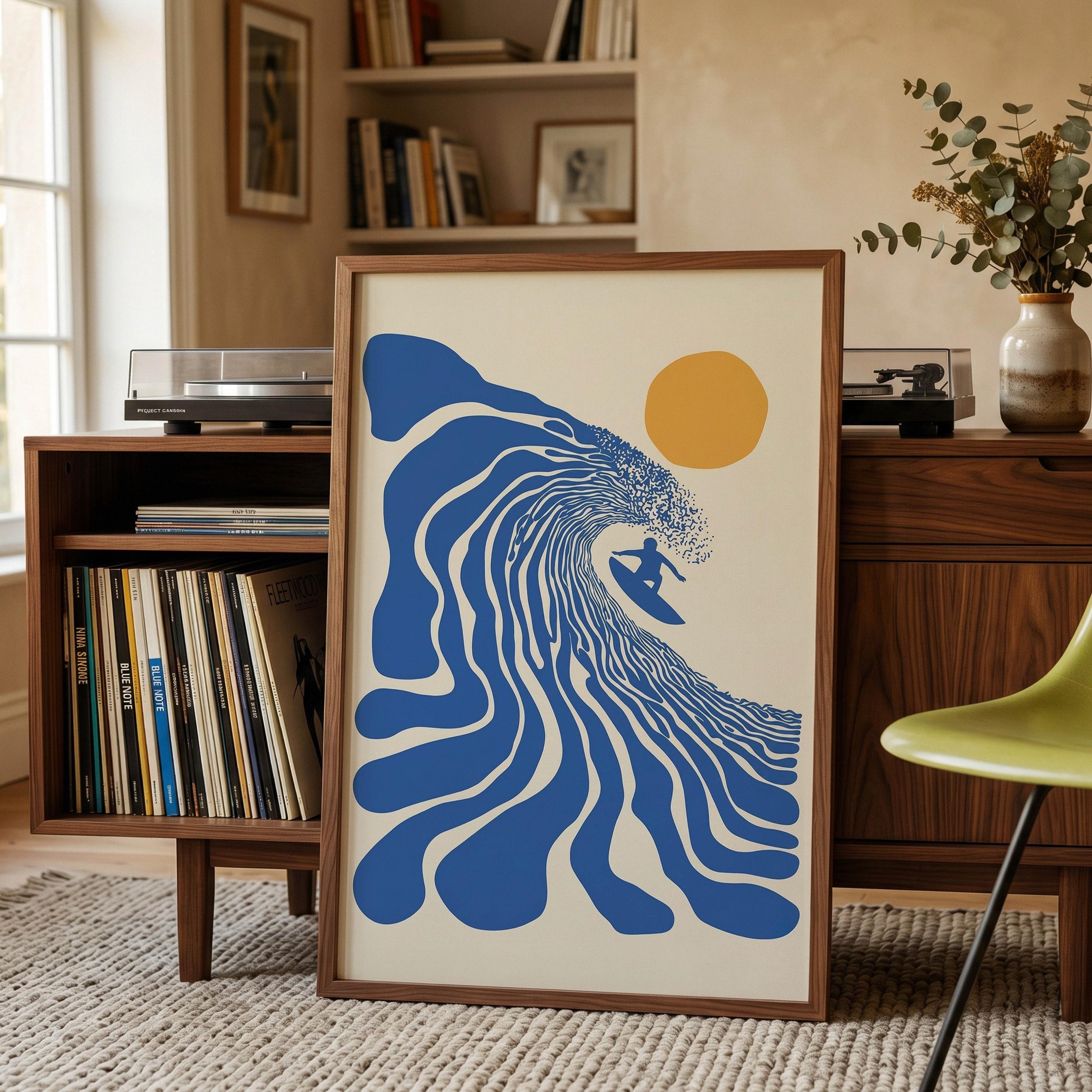 Retro Surfer Art Print, Abstract Wave Wall Art, Coastal Beach Decor, Minimalist Surf Poster, Blue Ocean Wave Print FRAMED or UNFRAMED