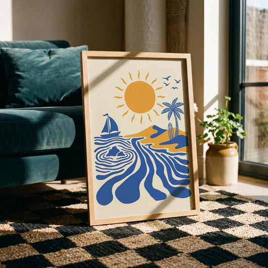Retro Surfer Art Print, Abstract Wave Wall Art, Coastal Beach Decor, Minimalist Surf Poster, Blue Ocean Wave Print FRAMED or UNFRAMED