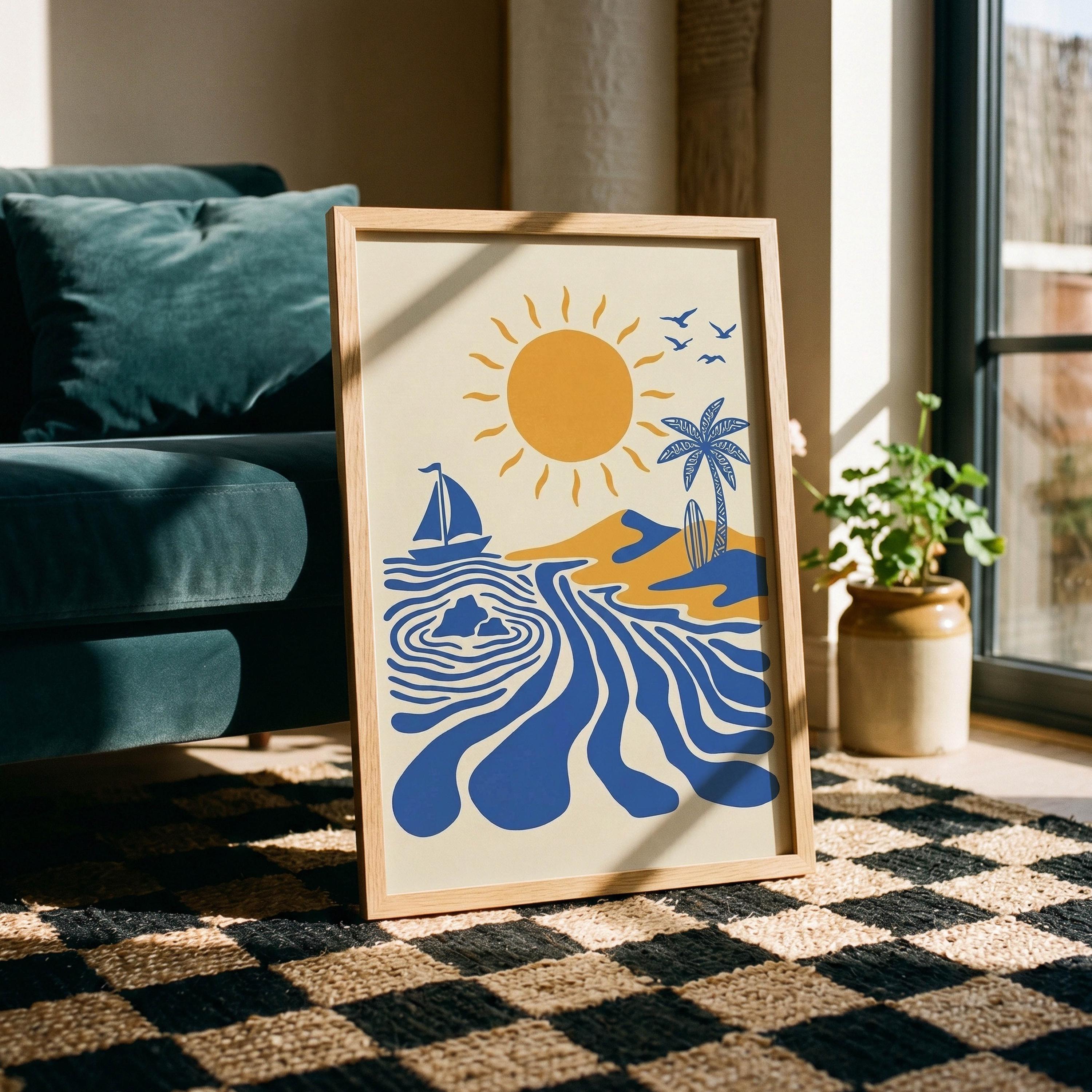 Retro Surfer Art Print, Abstract Wave Wall Art, Coastal Beach Decor, Minimalist Surf Poster, Blue Ocean Wave Print DIGITAL DOWNLOAD