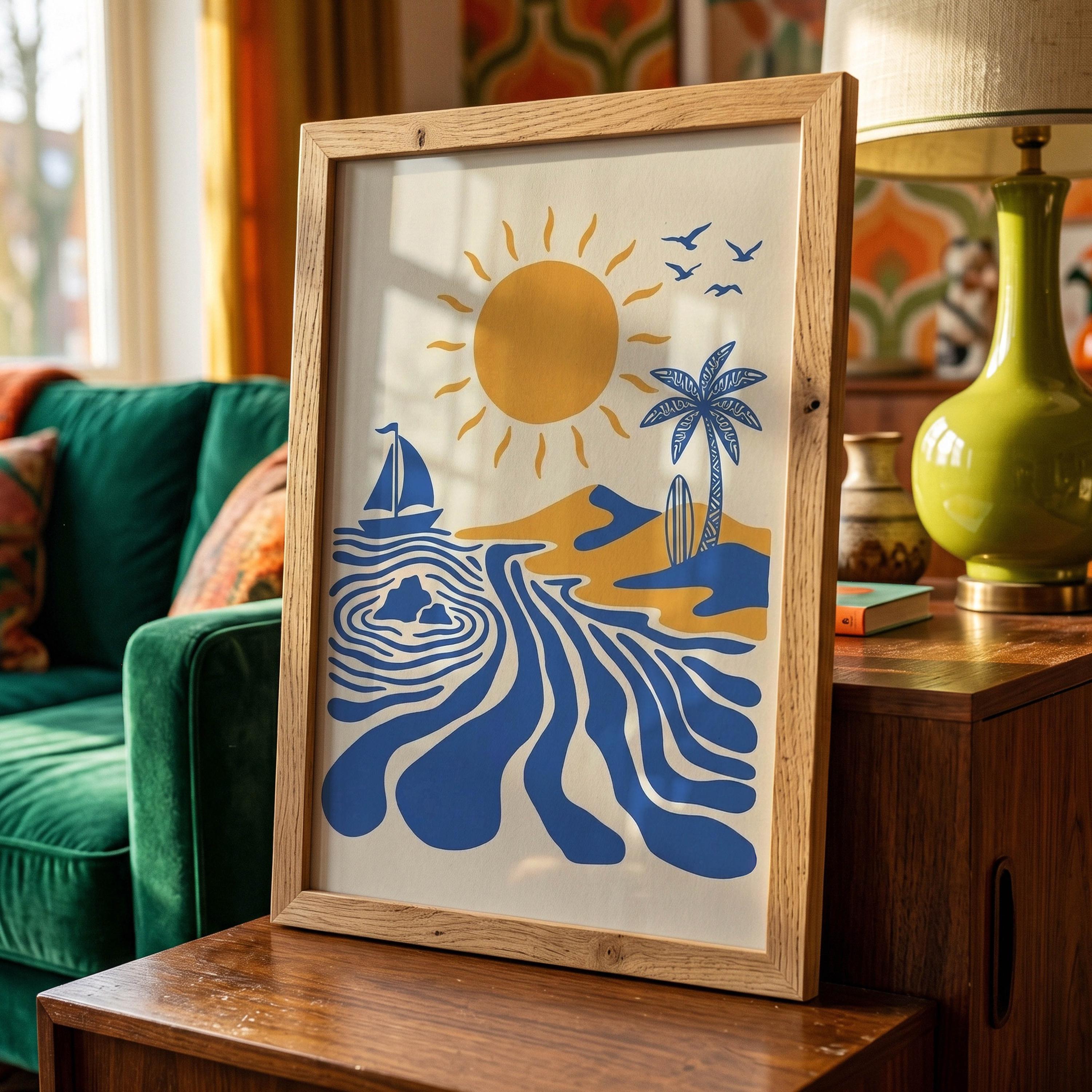 Retro Surfer Art Print, Abstract Wave Wall Art, Coastal Beach Decor, Minimalist Surf Poster, Blue Ocean Wave Print DIGITAL DOWNLOAD