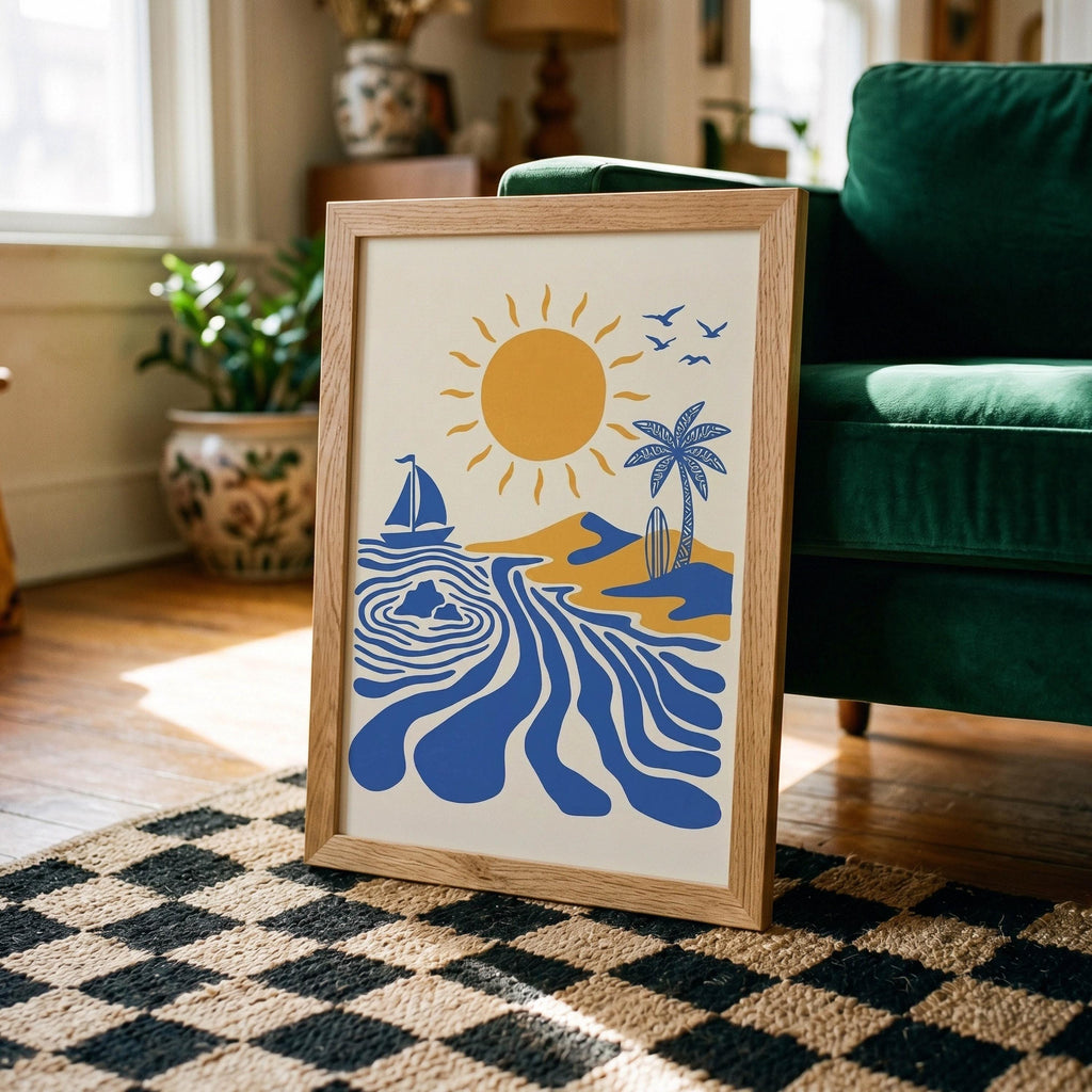 Retro Surfer Art Print, Abstract Wave Wall Art, Coastal Beach Decor, Minimalist Surf Poster, Blue Ocean Wave Print DIGITAL DOWNLOAD