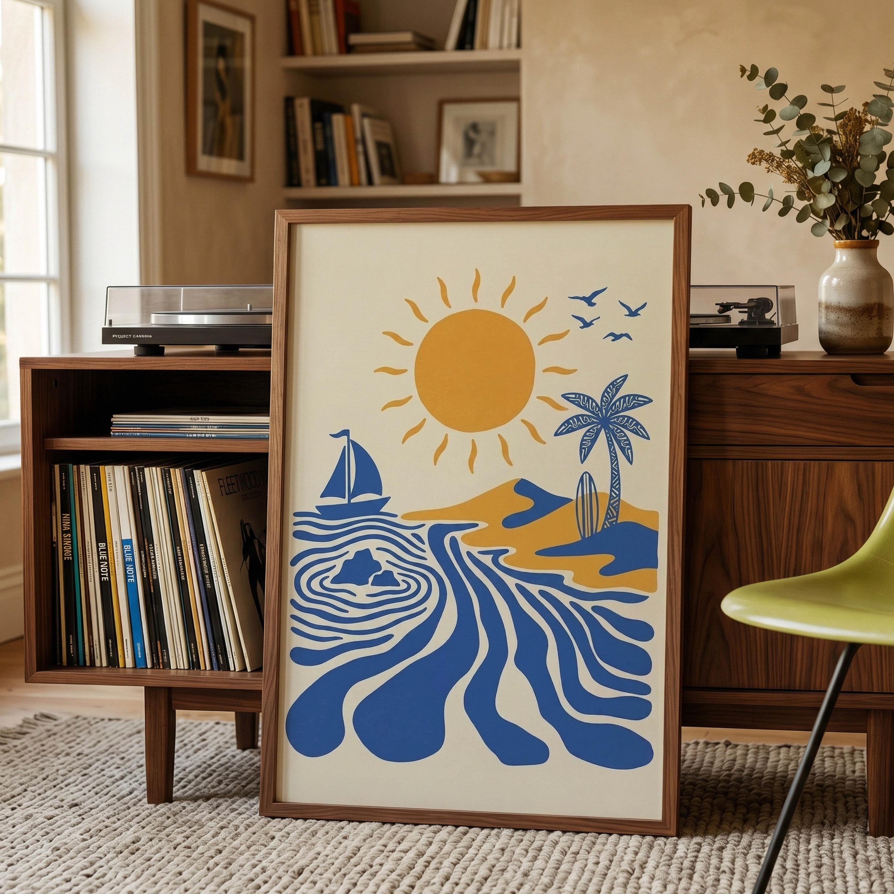 Retro Surfer Art Print, Abstract Wave Wall Art, Coastal Beach Decor, Minimalist Surf Poster, Blue Ocean Wave Print DIGITAL DOWNLOAD