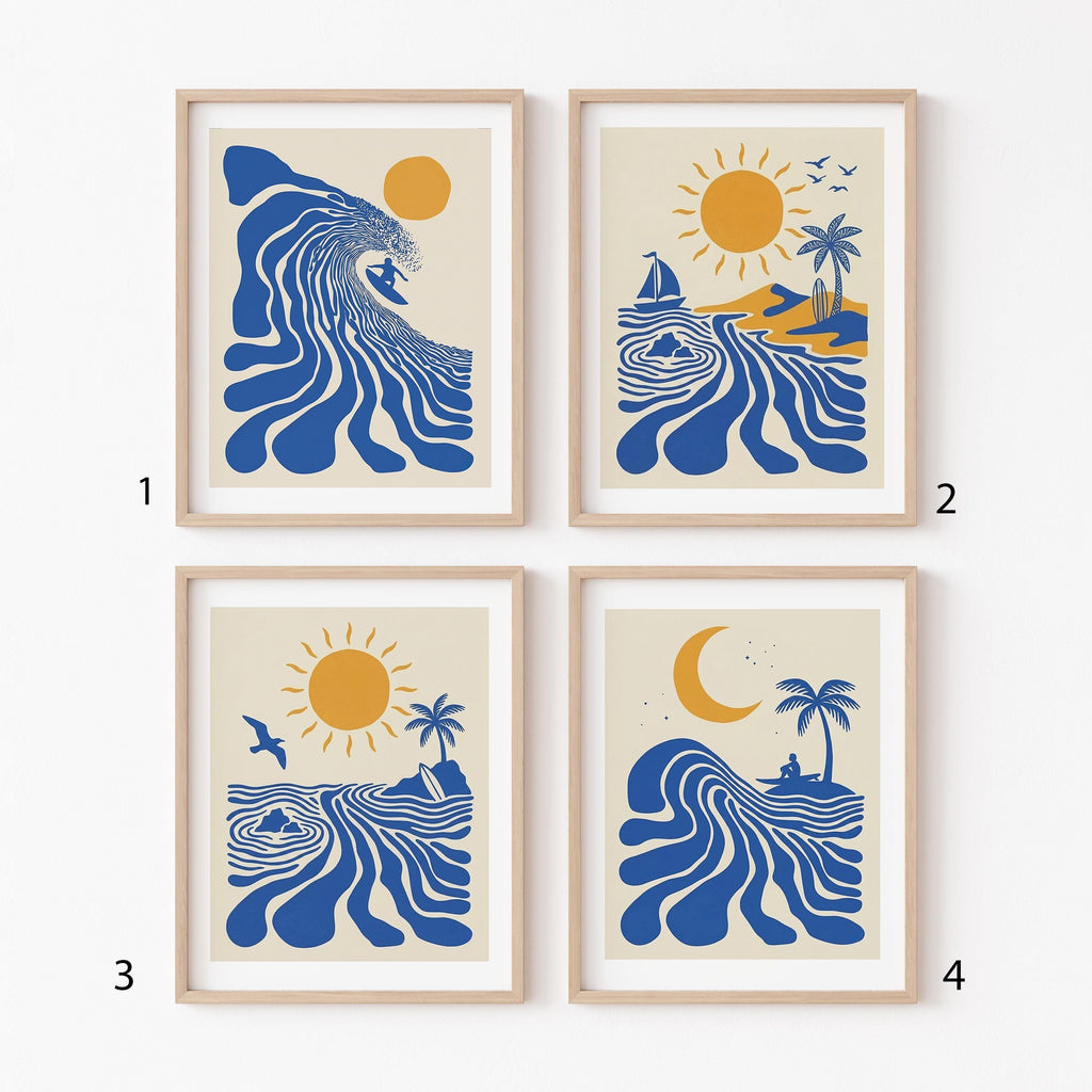 Retro Surfer Art Print, Abstract Wave Wall Art, Coastal Beach Decor, Minimalist Surf Poster, Blue Ocean Wave Print FRAMED or UNFRAMED