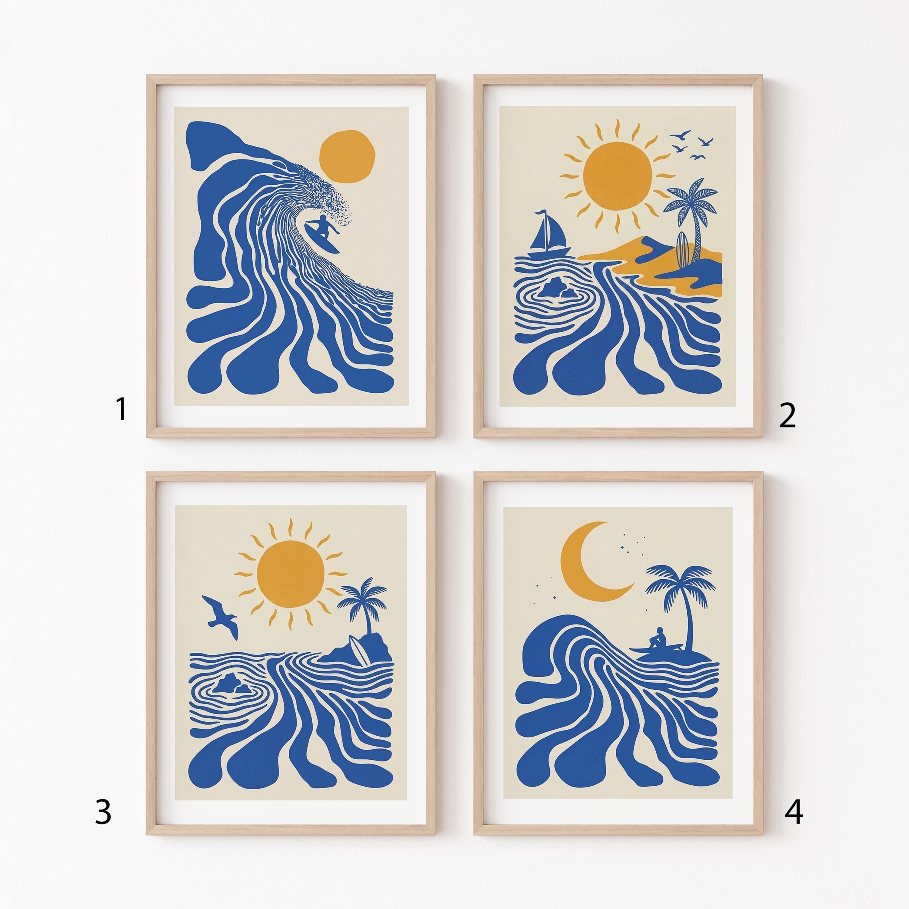Retro Surfer Art Print, Abstract Wave Wall Art, Coastal Beach Decor, Minimalist Surf Poster, Blue Ocean Wave Print FRAMED or UNFRAMED