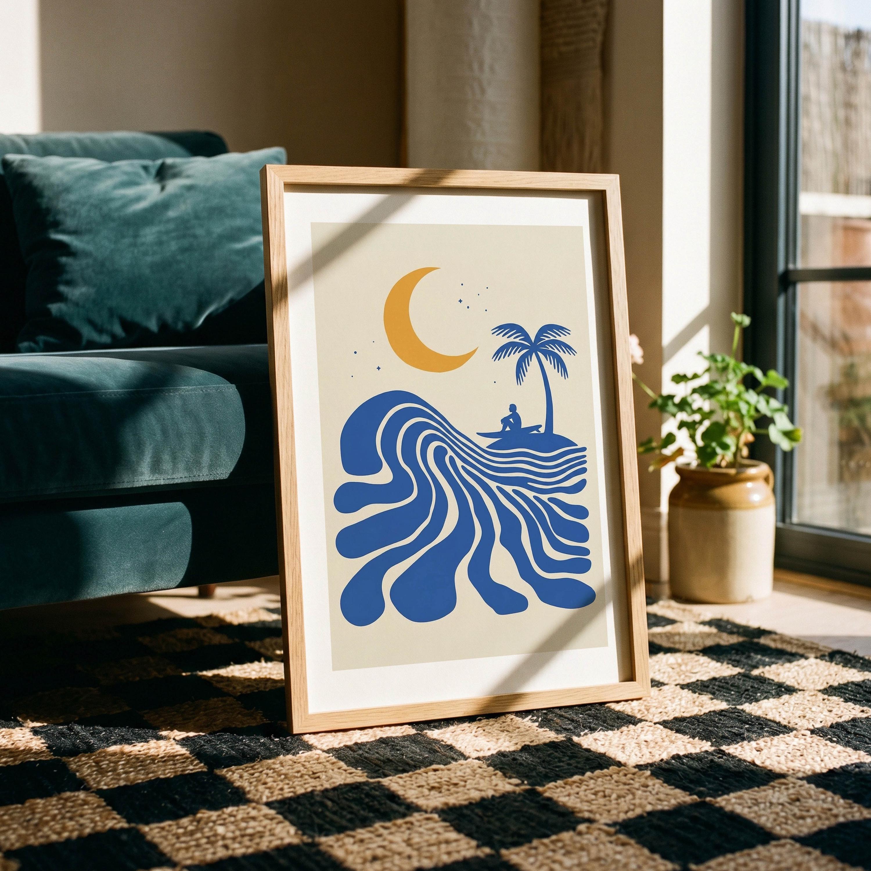 Retro Surfer Art Print, Abstract Wave Wall Art, Coastal Beach Decor, Minimalist Surf Poster, Blue Ocean Wave Print FRAMED or UNFRAMED