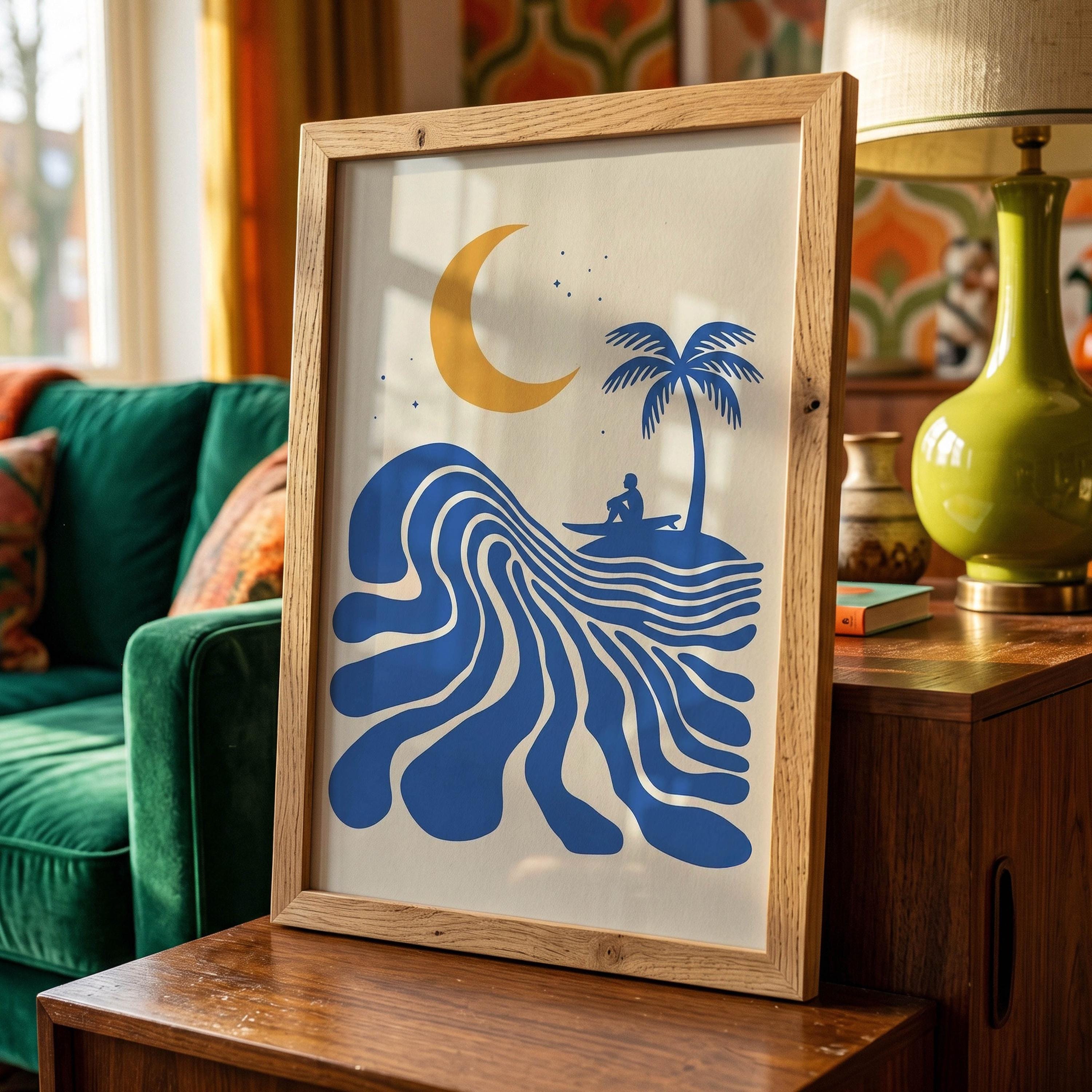 Retro Surfer Art Print, Abstract Wave Wall Art, Coastal Beach Decor, Minimalist Surf Poster, Blue Ocean Wave Print FRAMED or UNFRAMED