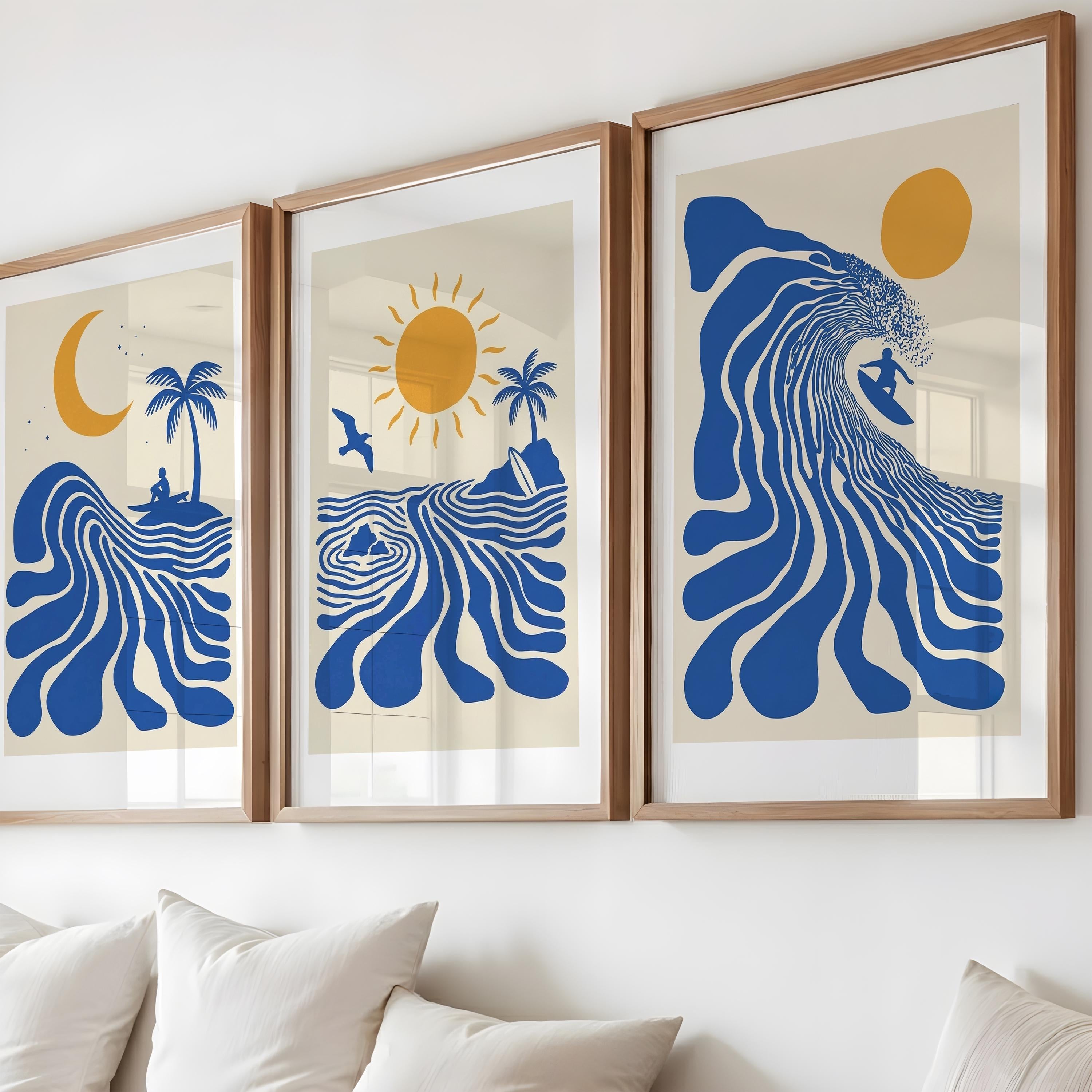 Set of 3 Surf Posters, Retro Surfer Art, Abstract Wave Wall Art, Coastal Beach Decor, Blue Ocean Prints, Framed or Unframed