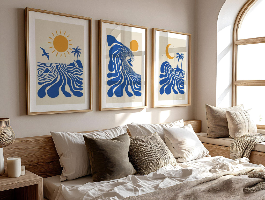 Set of 3 Surf Posters, Retro Surfer Art, Abstract Wave Wall Art, Coastal Beach Decor, Blue Ocean Prints, Framed or Unframed