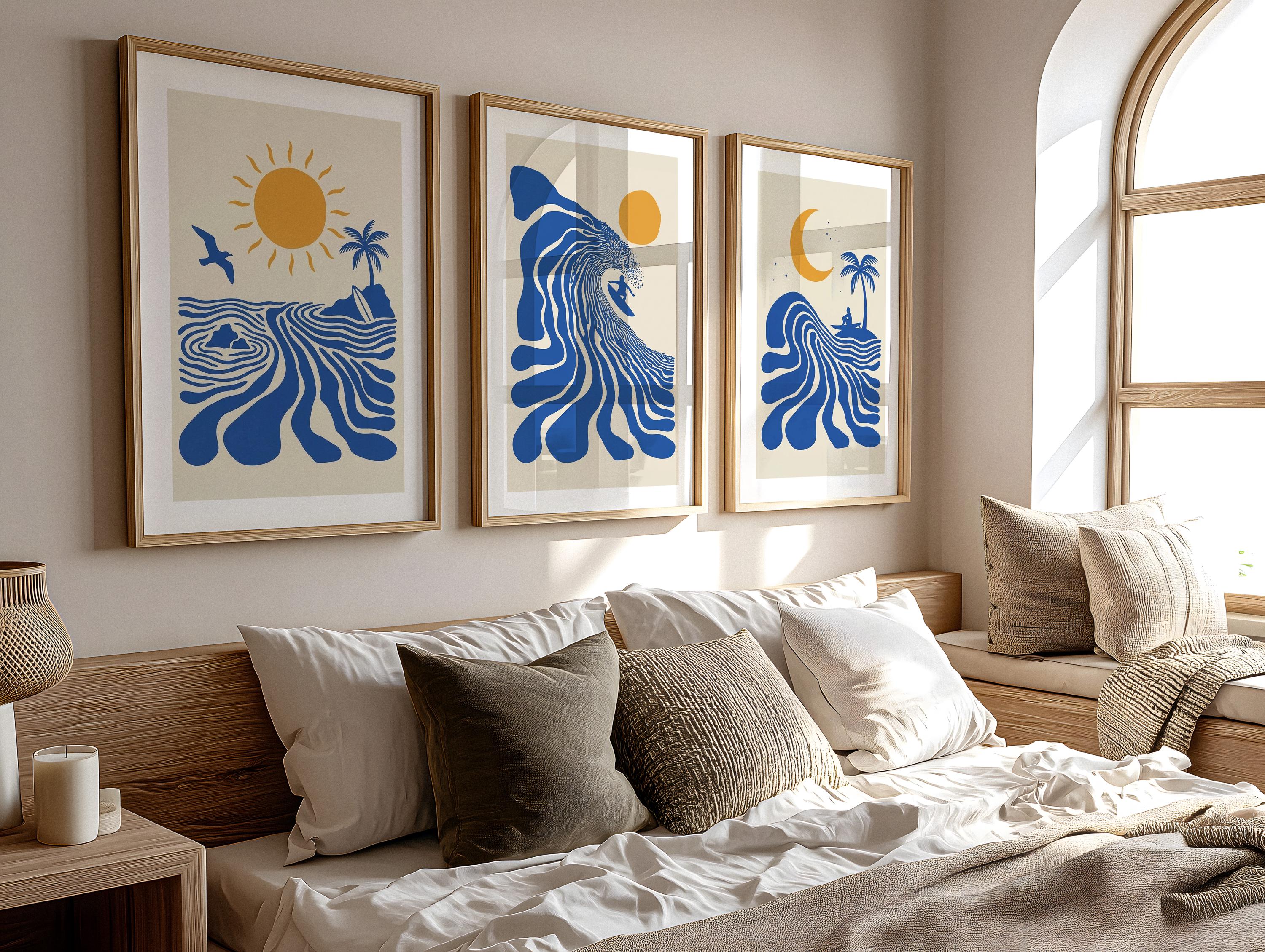 Set of 3 Surf Posters, Retro Surfer Art, Abstract Wave Wall Art, Coastal Beach Decor, Blue Ocean Prints, Framed or Unframed
