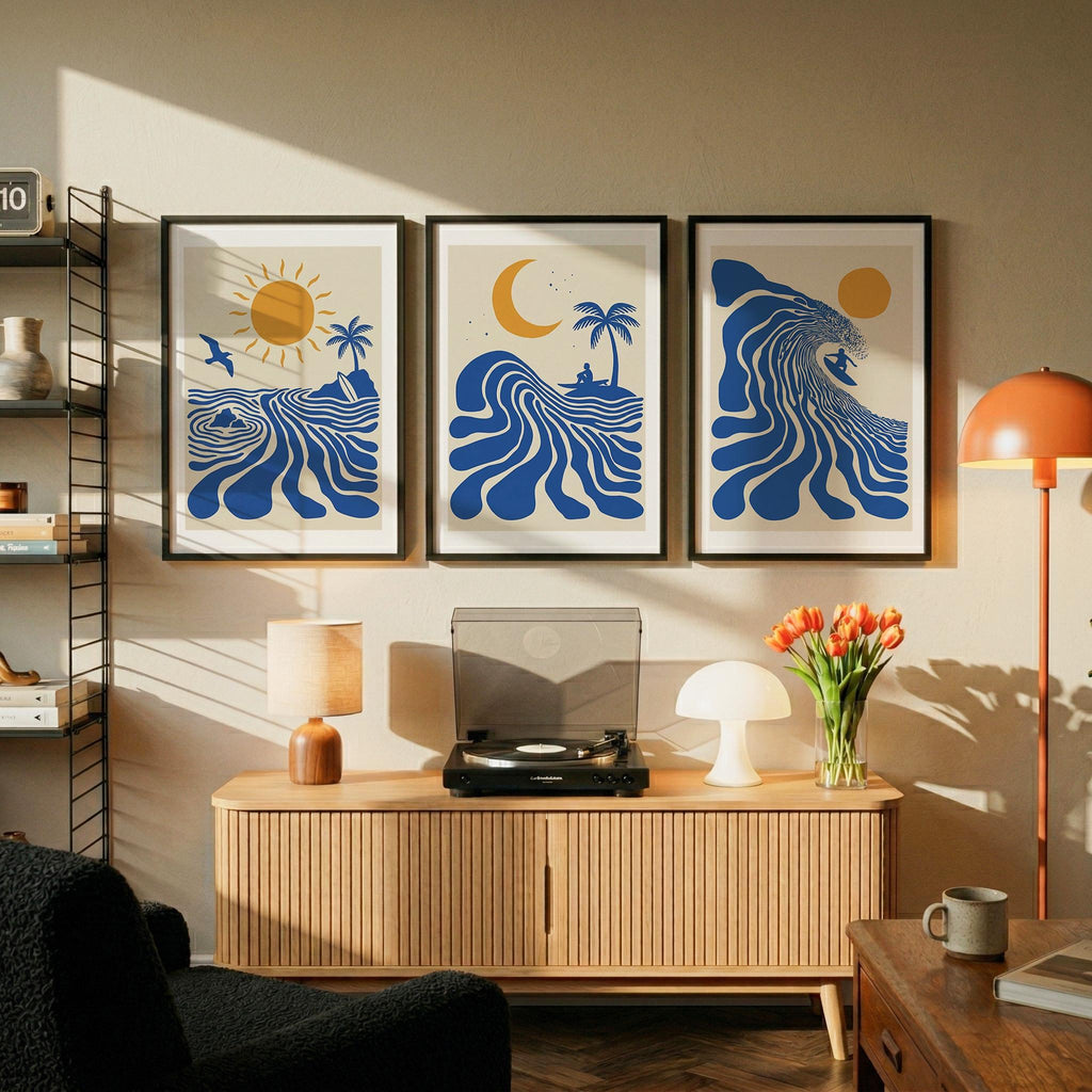 Set of 3 Surf Posters, Retro Surfer Art, Abstract Wave Wall Art, Coastal Beach Decor, Blue Ocean Prints, Framed or Unframed