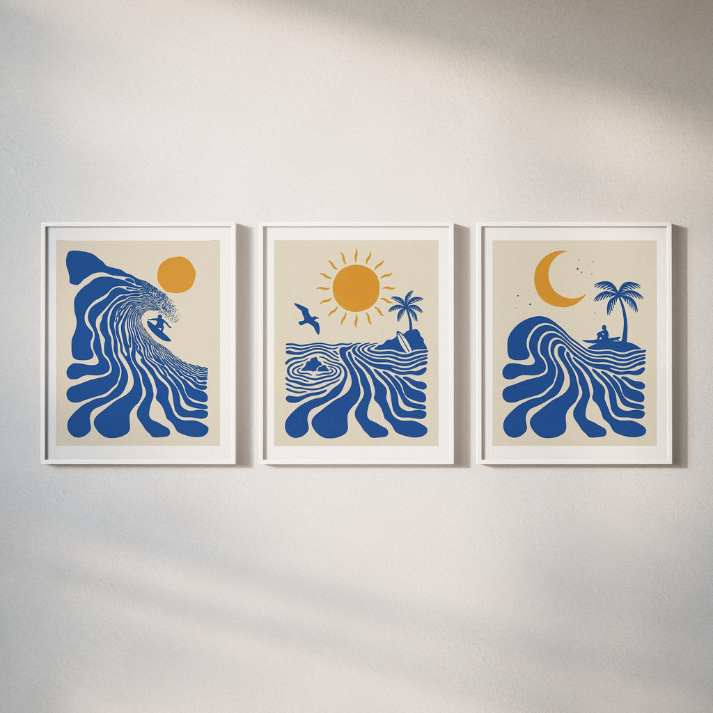 Set of 3 Surf Posters, Retro Surfer Art, Abstract Wave Wall Art, Coastal Beach Decor, Blue Ocean Prints, Framed or Unframed