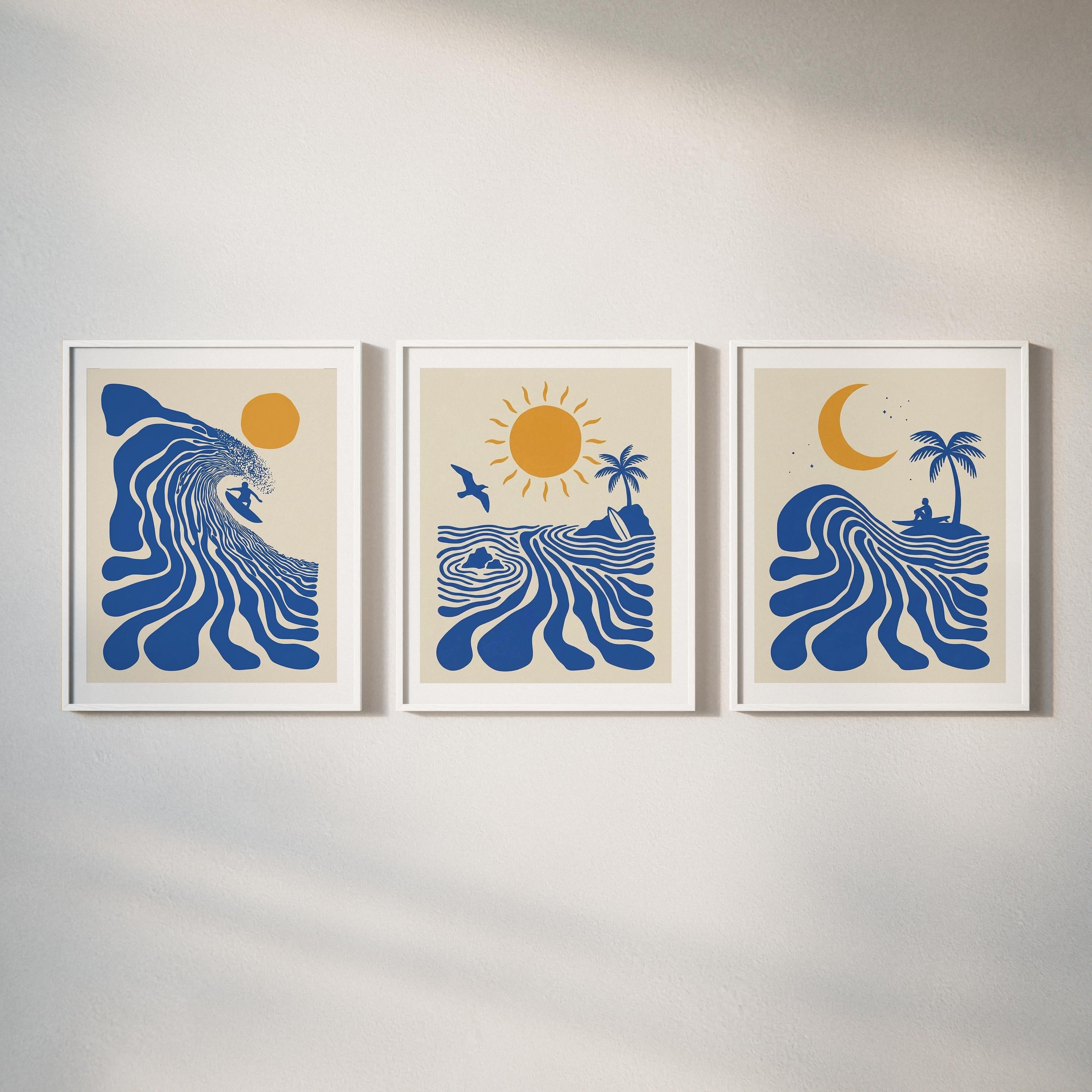 Set of 3 Surf Posters, Retro Surfer Art, Abstract Wave Wall Art, Coastal Beach Decor, Blue Ocean Prints, Framed or Unframed
