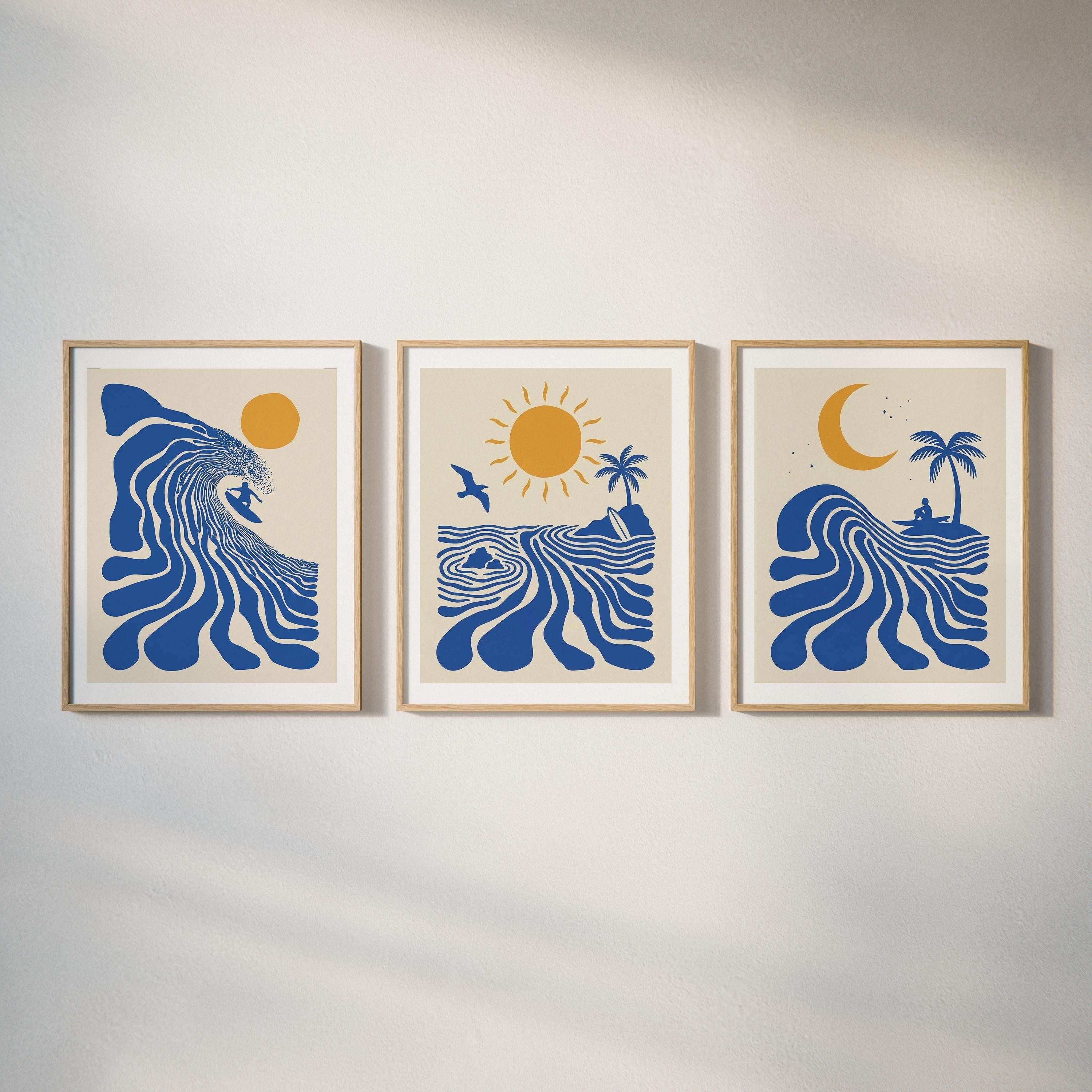 Set of 3 Surf Posters, Retro Surfer Art, Abstract Wave Wall Art, Coastal Beach Decor, Blue Ocean Prints, Framed or Unframed