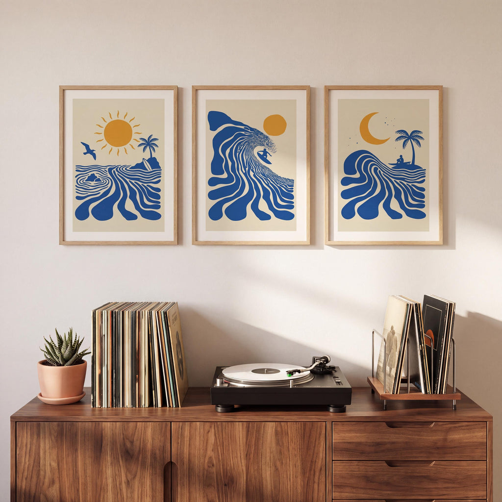 Set of 3 Surf Posters, Retro Surfer Art, Abstract Wave Wall Art, Coastal Beach Decor, Blue Ocean Prints, Framed or Unframed