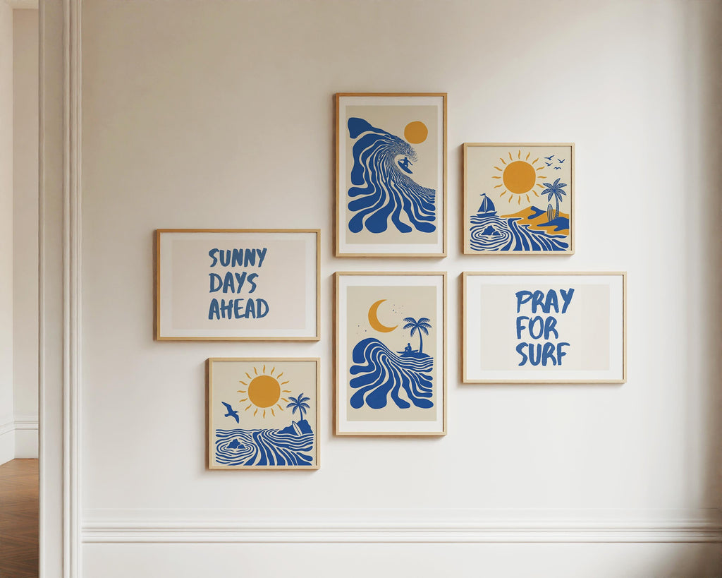 Set of 3 Surf Posters, Retro Surfer Art, Abstract Wave Wall Art, Coastal Beach Decor, Blue Ocean Prints, Framed or Unframed