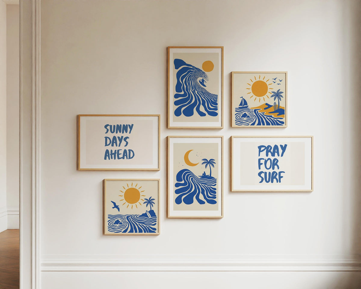 Set of 3 Surf Posters, Retro Surfer Art, Abstract Wave Wall Art, Coastal Beach Decor, Blue Ocean Prints, Framed or Unframed