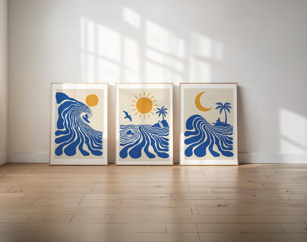 Set of 3 Surf Posters, Retro Surfer Art, Abstract Wave Wall Art, Coastal Beach Decor, Blue Ocean Prints, Framed or Unframed