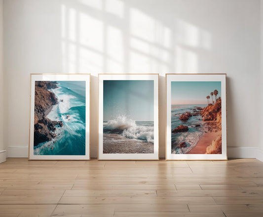 Set of three California coastal wall art photography prints featuring Big Sur cliffs, turquoise ocean waves, and Pacific Coast scenery