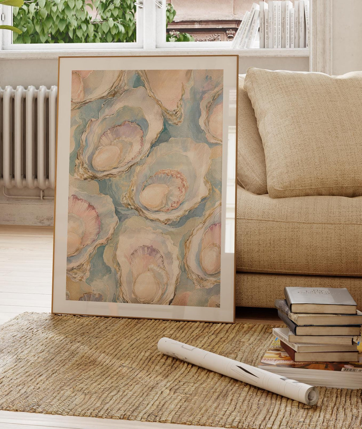Oyster Wall Art, Pastel Oyster Painting Print, Coastal Wall Art, Pearl Oyster Art, Beach House Decor, Seashell Art Print, FRAMED or UNFRAMED
