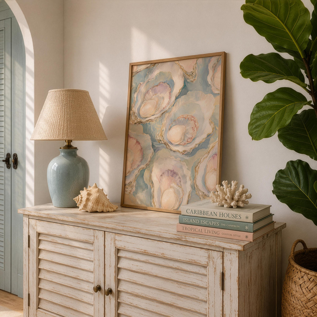 Oyster Wall Art, Pastel Oyster Painting Print, Coastal Wall Art, Pearl Oyster Art, Beach House Decor, Seashell Art Print, FRAMED or UNFRAMED